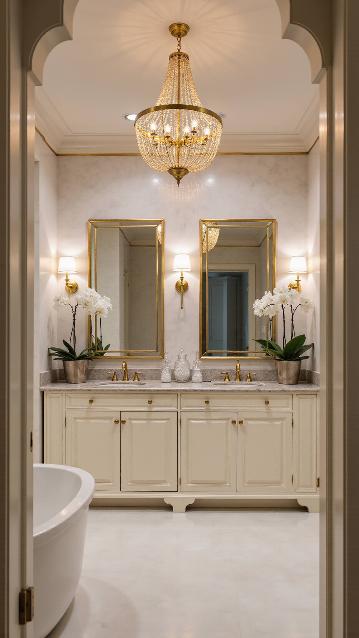Moody evening spa-style master bath with gold chandelier reflected in a large soaking tub, marble walls with gold inlay, cream double vanity, and soft ivory and gold accents.