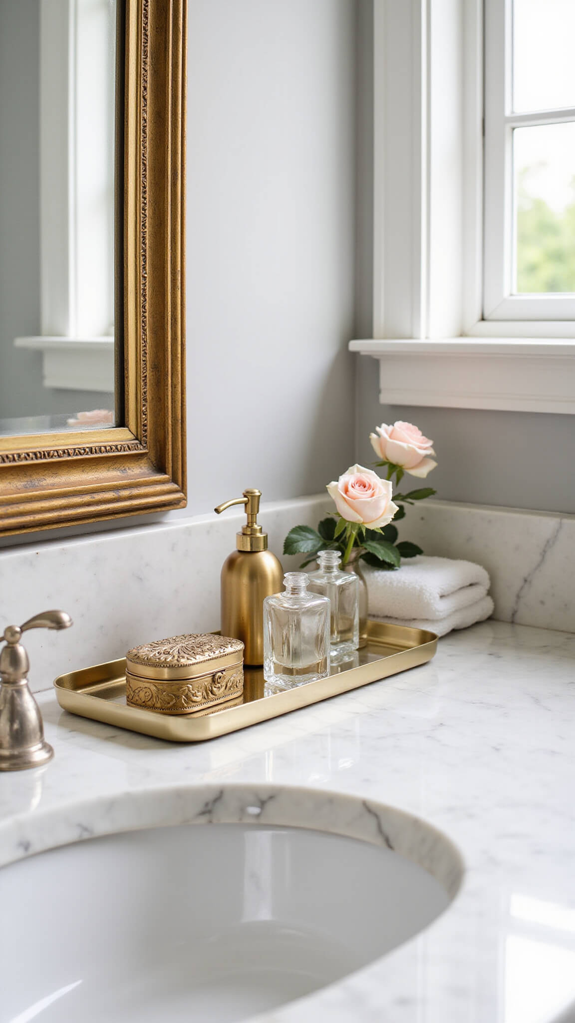 Close-up of gold-framed mirror and elegant vanity items on white marble counter with roses and towels in soft morning light.