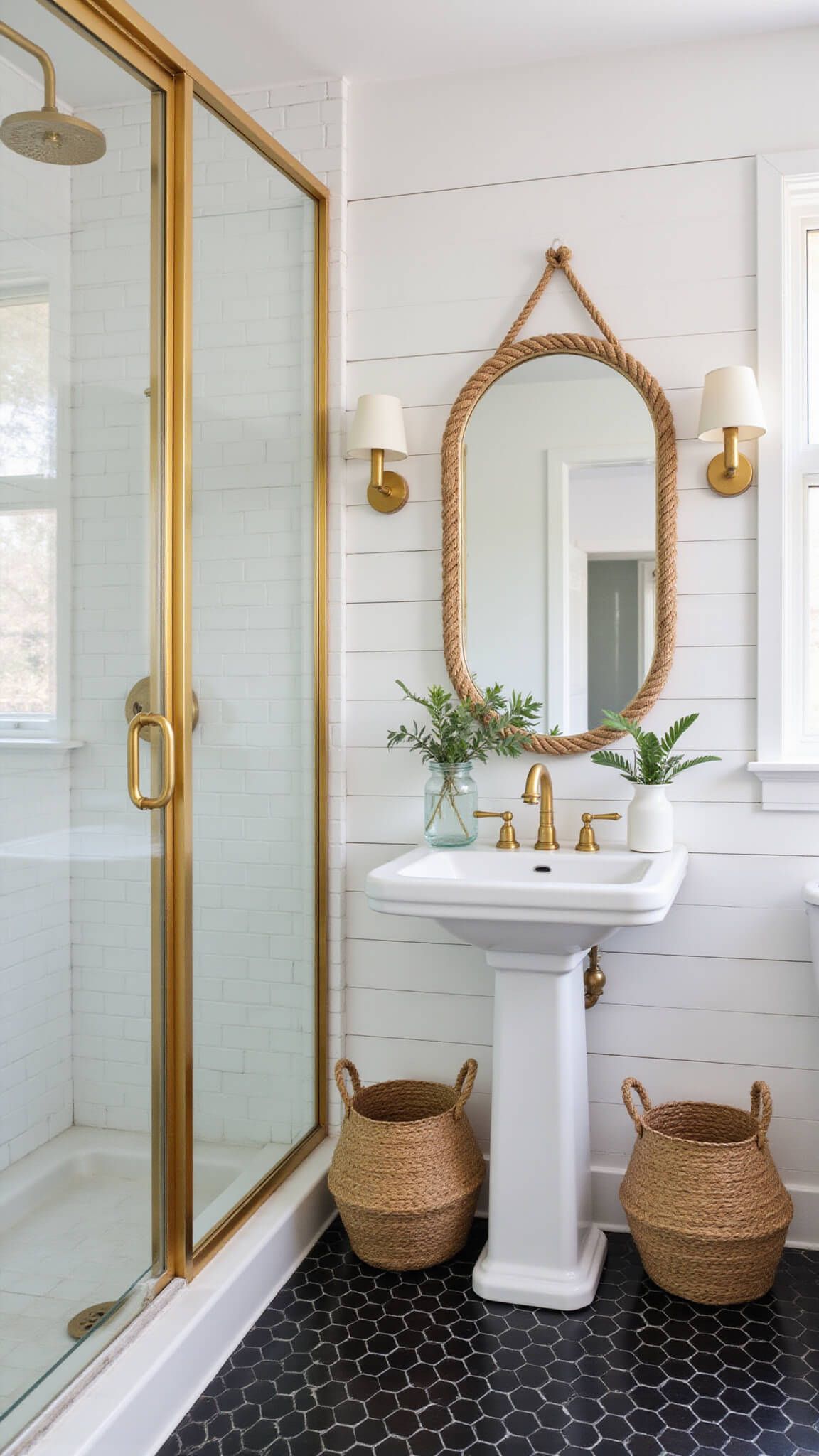 Modern farmhouse bathroom with gold-framed glass shower, black hex tile floor, white pedestal sink, rope-hung mirror, and eucalyptus decor.