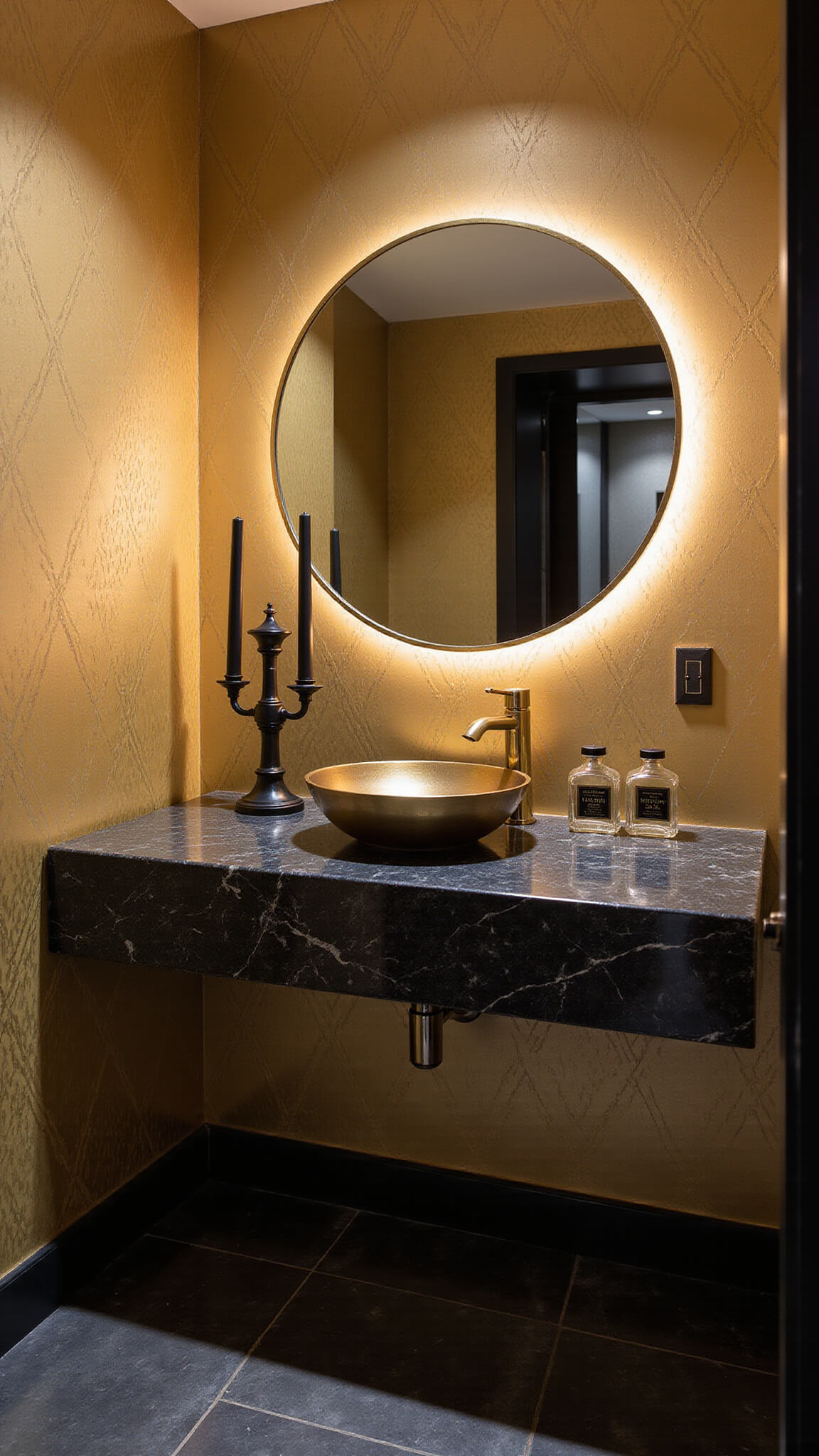 Art Deco powder room with gold geometric wallpaper, black marble vanity, gold vessel sink, backlit circular mirror, and warm vanity lighting.