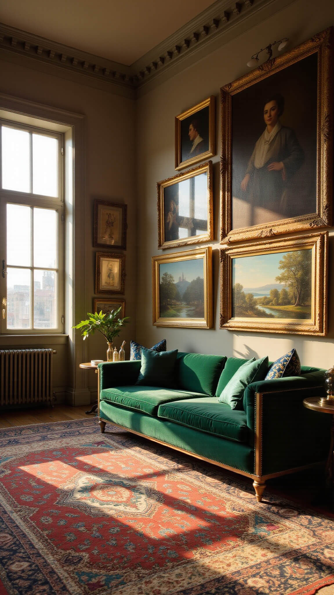 Sunlit living room with emerald velvet sofa, silk pillows, layered Persian rugs, gold-framed mirrors, and vintage artwork during golden hour.