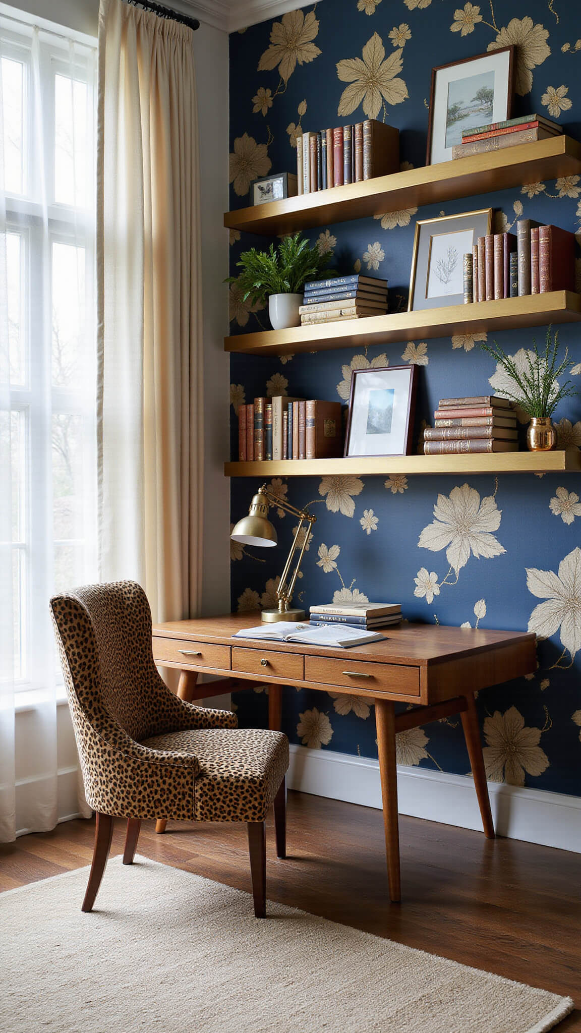 Modern 12x14ft home office with floor-to-ceiling windows, sheer curtains, navy botanical wallpaper, mid-century desk, leopard print chair, brass shelves with books, and vintage maps on walls.