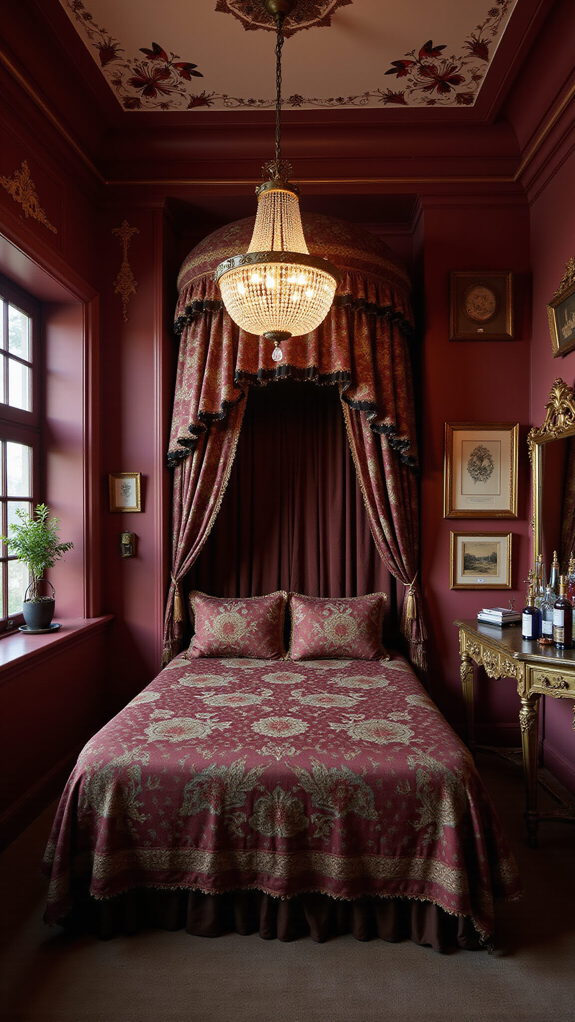 Victorian-style bedroom at dusk with canopy bed, burgundy walls, crystal chandelier, antiques, and vintage vanity in moody lighting.