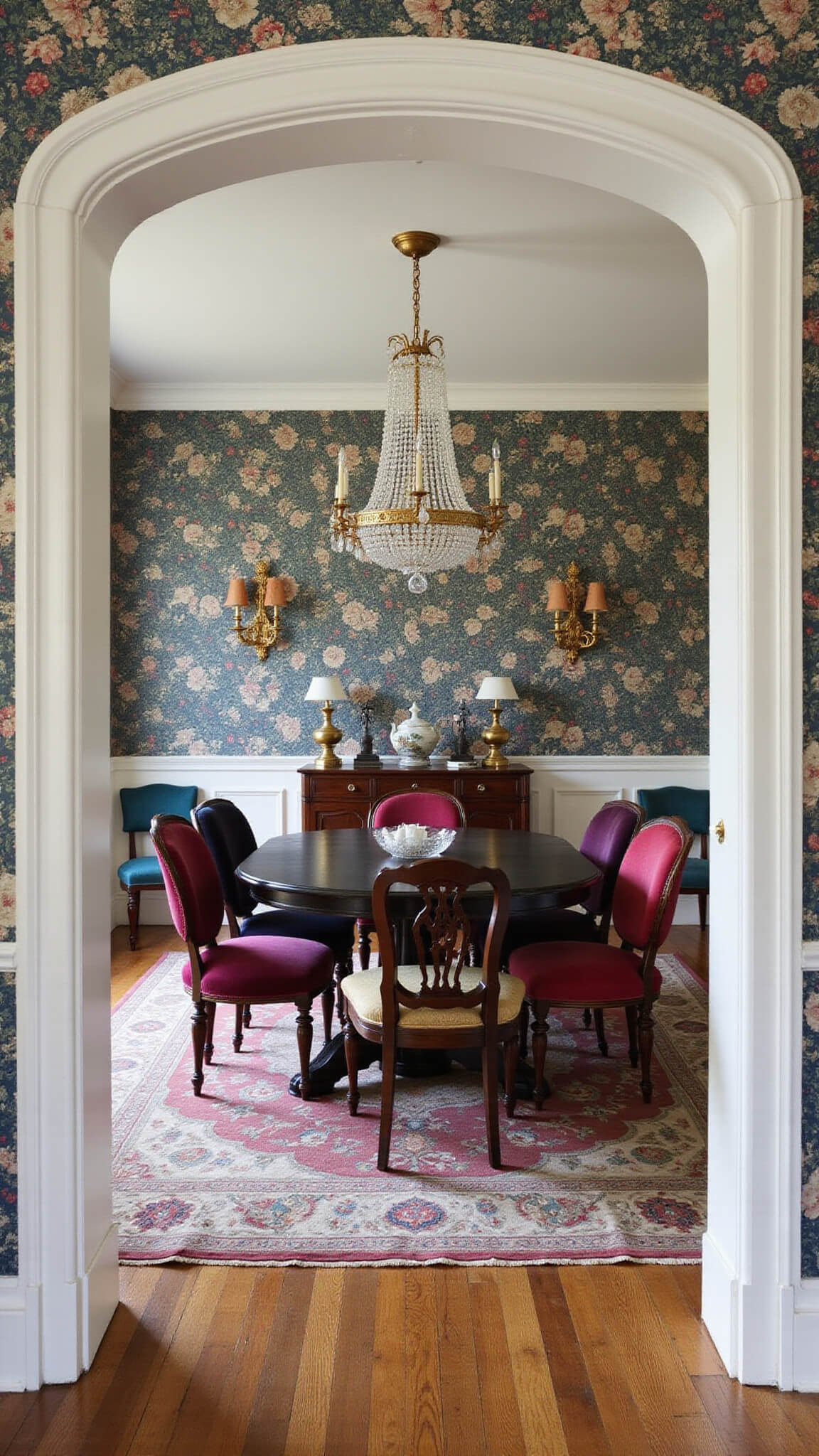 Eclectic 14x16ft dining room with black lacquered table, mismatched jewel-toned vintage chairs, floral wallpaper, crystal chandelier, and brass accents, viewed from archway entrance at midday.