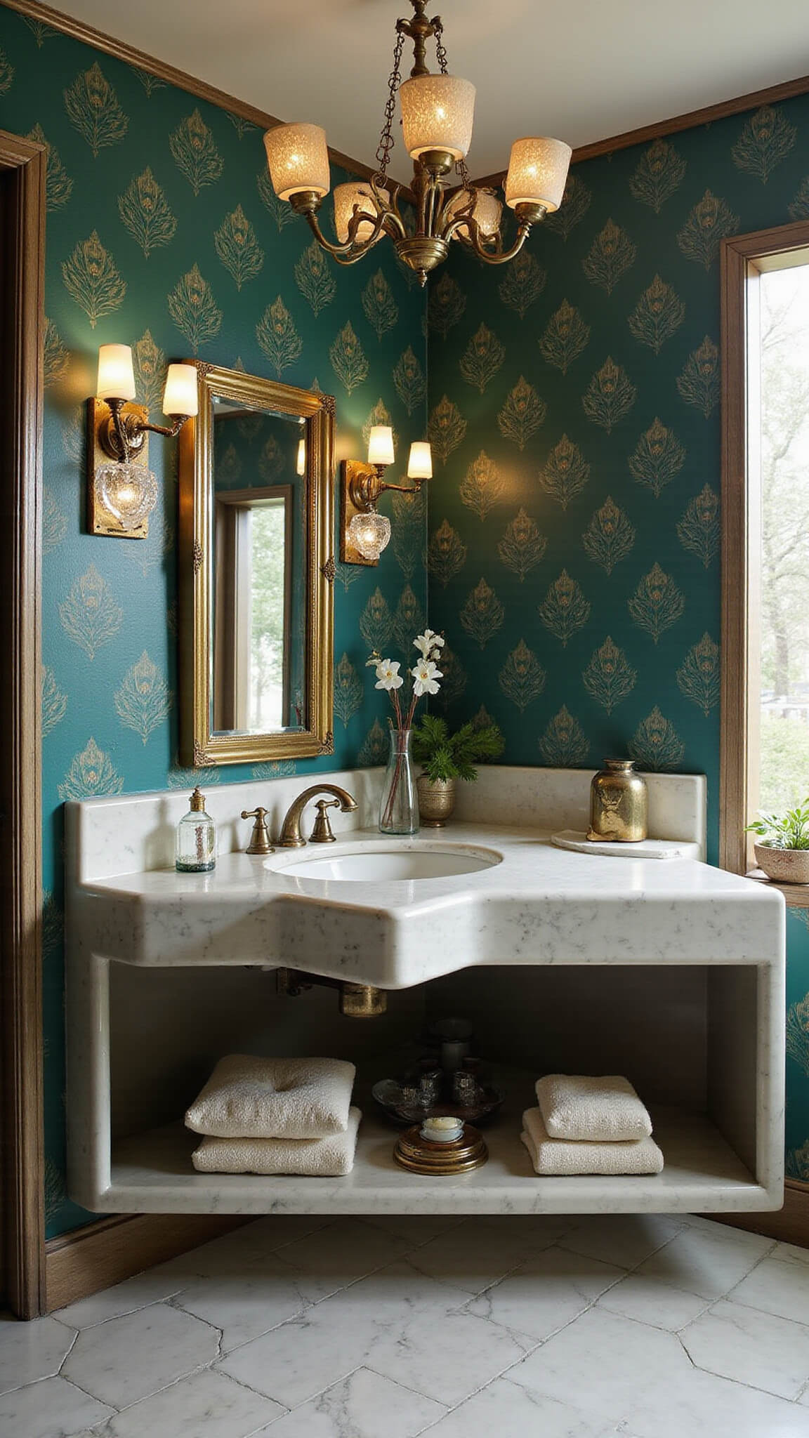 Art deco powder room with emerald and gold peacock wallpaper, geometric marble flooring, brass mirror, floating vanity, and dramatic pendant lighting.