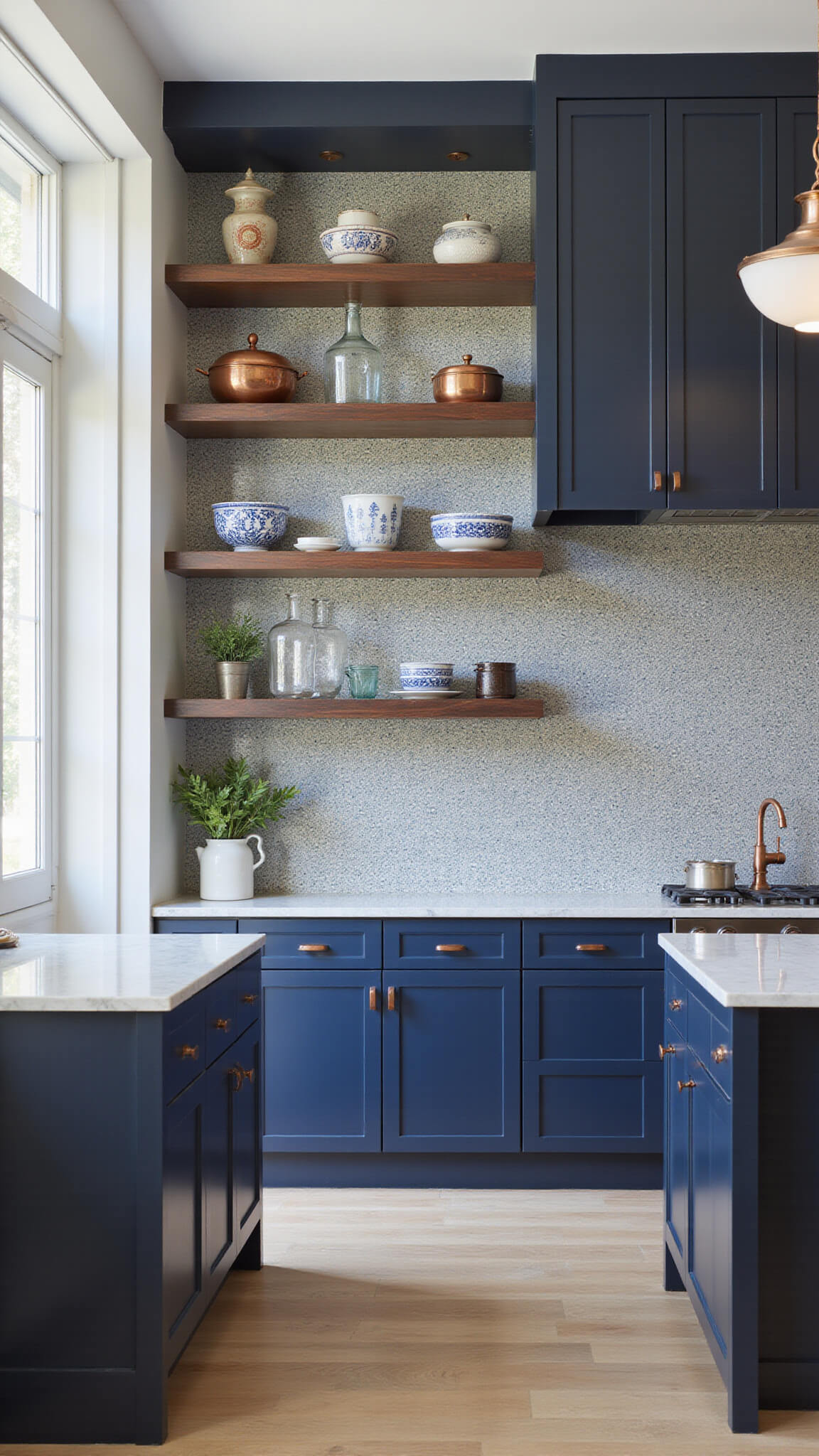 Maximalist contemporary kitchen with midnight blue cabinets, copper hardware, marble waterfall island, open shelves displaying ceramics and vintage glassware, hand-painted tile backsplash, and Moroccan pendant lighting in morning light.