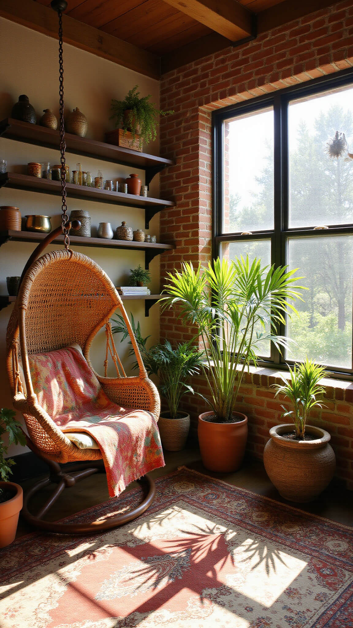 Bohemian sunroom with exposed brick wall, wrap-around windows, rattan hanging chair, vintage textiles, potted palms, global artifacts on shelves, layered patterned rugs, and dramatic golden hour light and shadows.