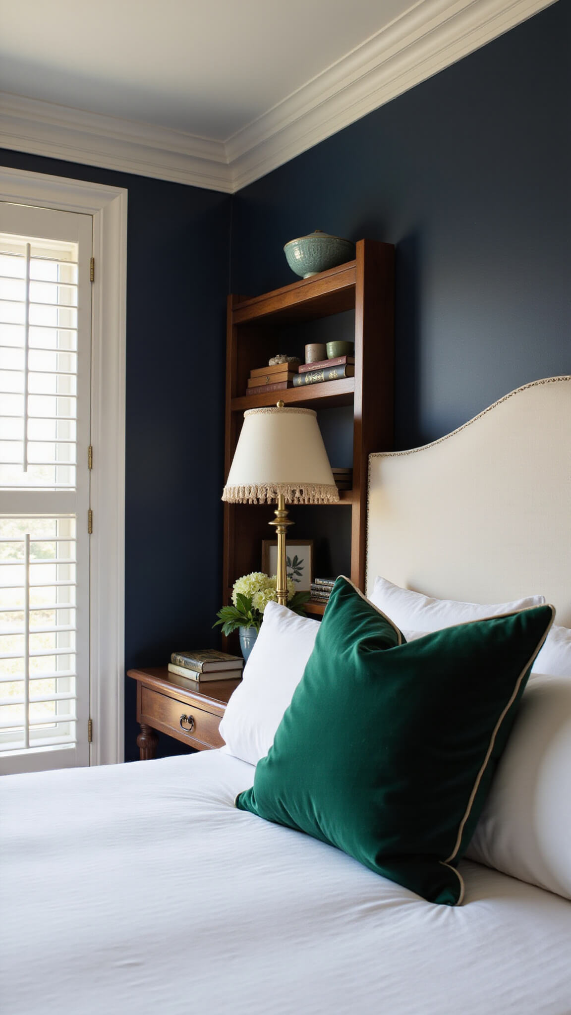 Low-angle view of a 12x14ft bedroom with navy grasscloth walls, ivory linen headboard, emerald accent pillows, vintage brass étagère, and golden hour light through white plantation shutters.
