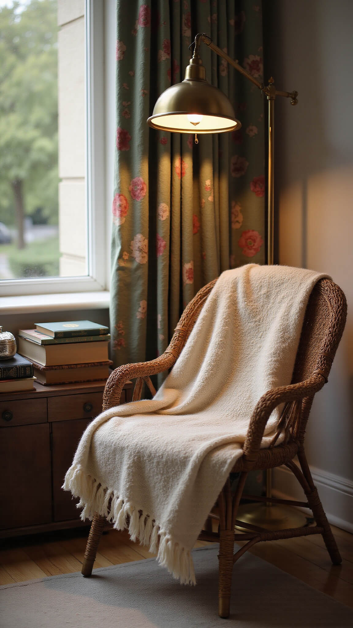 Cozy bedroom reading nook at dusk with rattan peacock chair, cream knit throw, vintage brass lamp, floral curtains, antique books, silver trinket box, and layered textured fabrics in soft lighting.