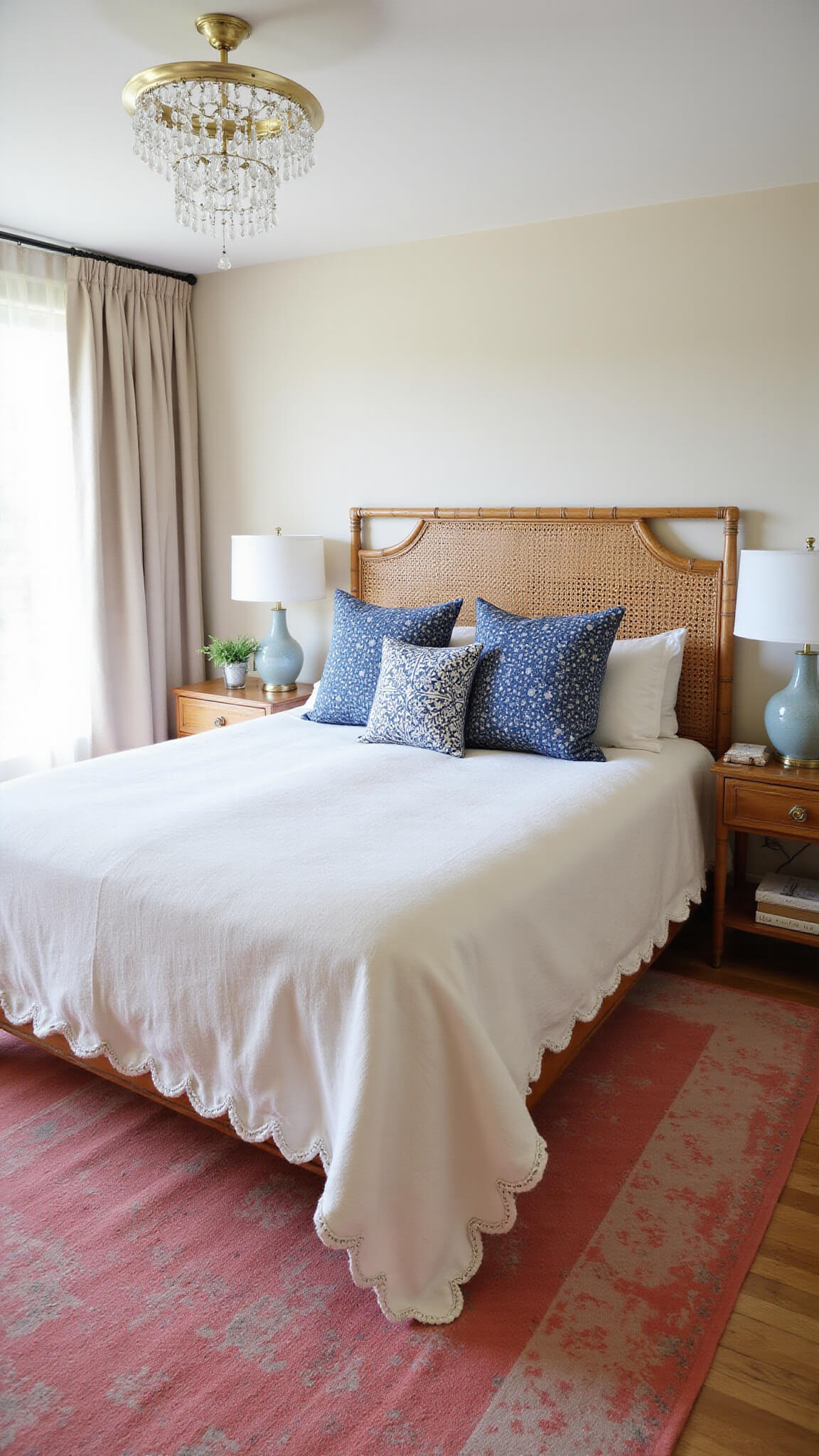 Wide-angle morning view of queen bedroom with cream scalloped duvet, indigo block-printed pillows, cane headboard, vintage bamboo side tables, crystal chandelier, coral overdyed rug, and sheer curtains showcasing natural light and textured decor.