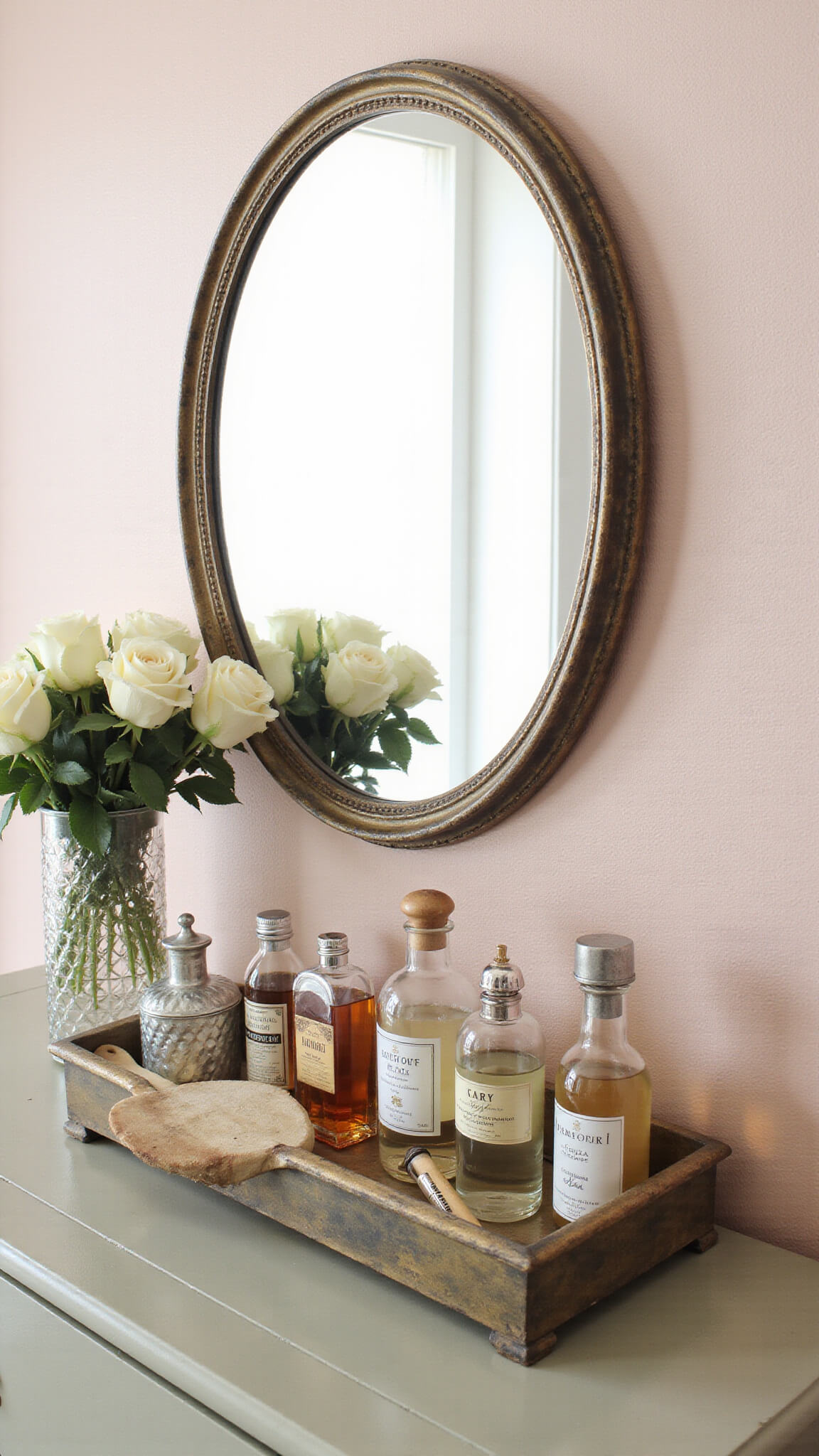 Styled bedroom dresser vignette with antique brass mirror, vintage perfume bottles, silver brushes, and fresh roses against pale pink grasscloth wallpaper.