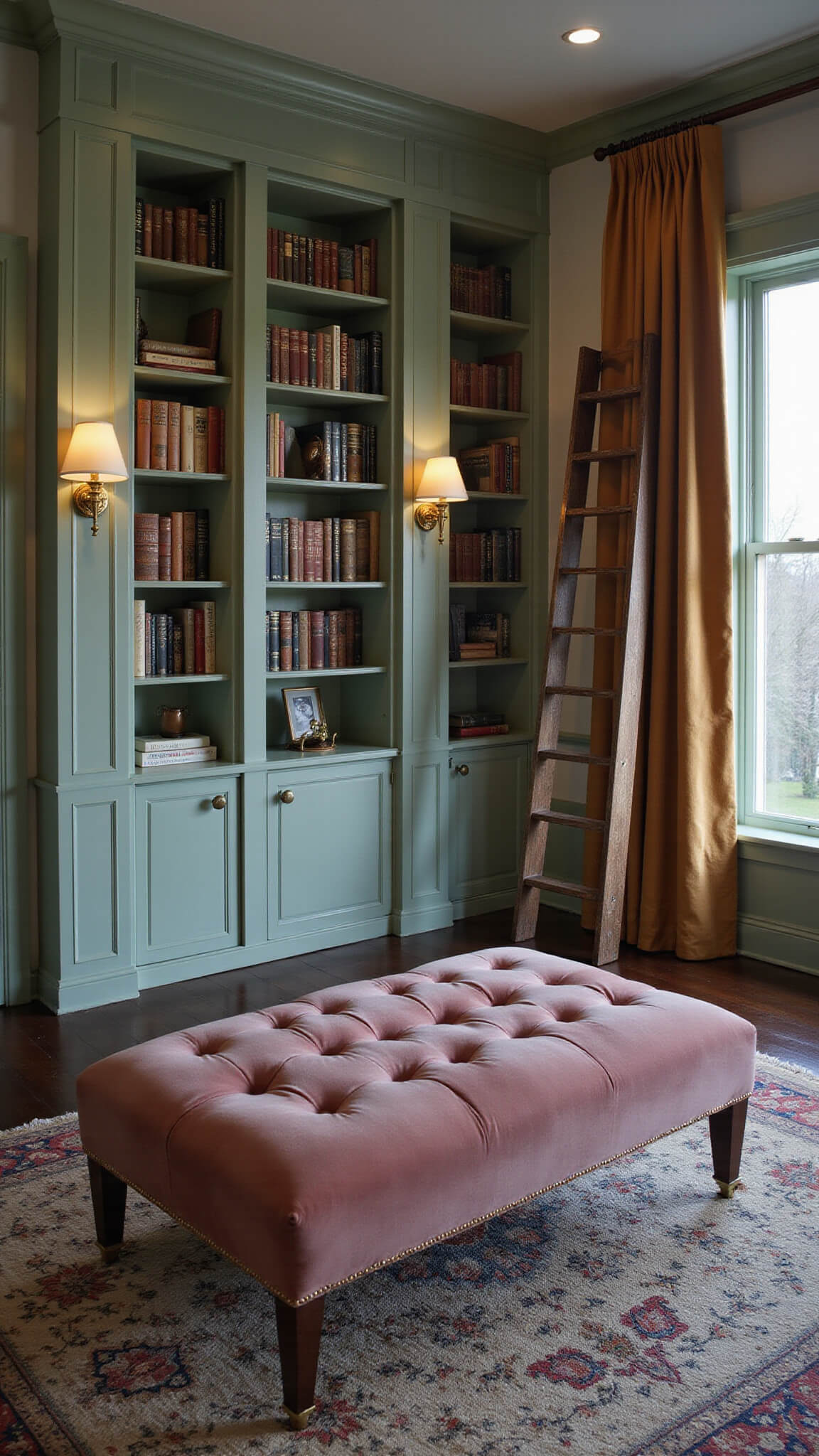 Dramatic dusk view of cozy bedroom alcove with sage green built-in bookshelves, vintage ladder, dusty rose velvet ottoman on antique rug, and warm brass sconces.