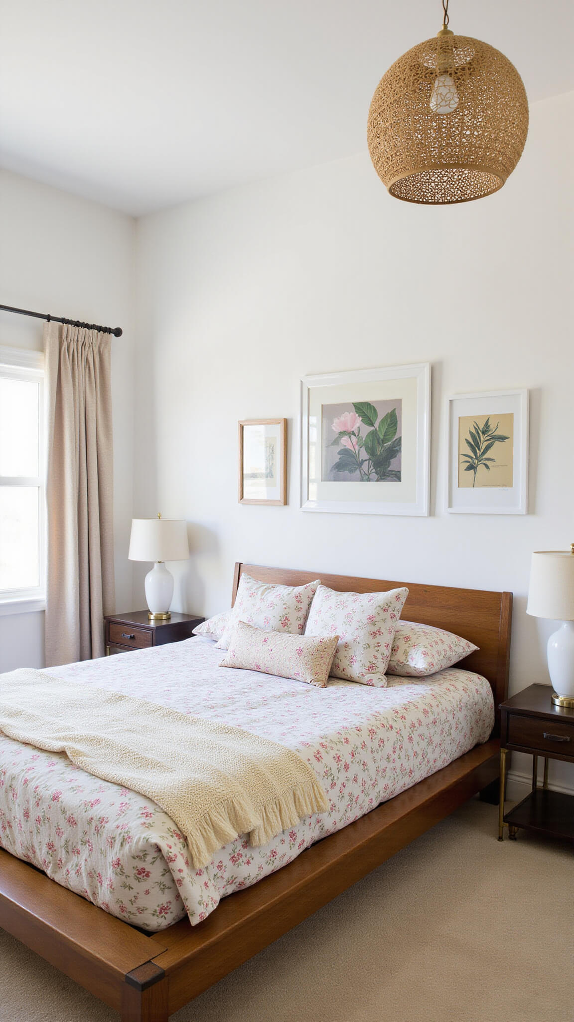 Modern-vintage bedroom with floral linens, crochet throw, mid-century brass side tables, milk glass lamps, gallery wall of modern and botanical art, and rattan pendant light casting shadows.