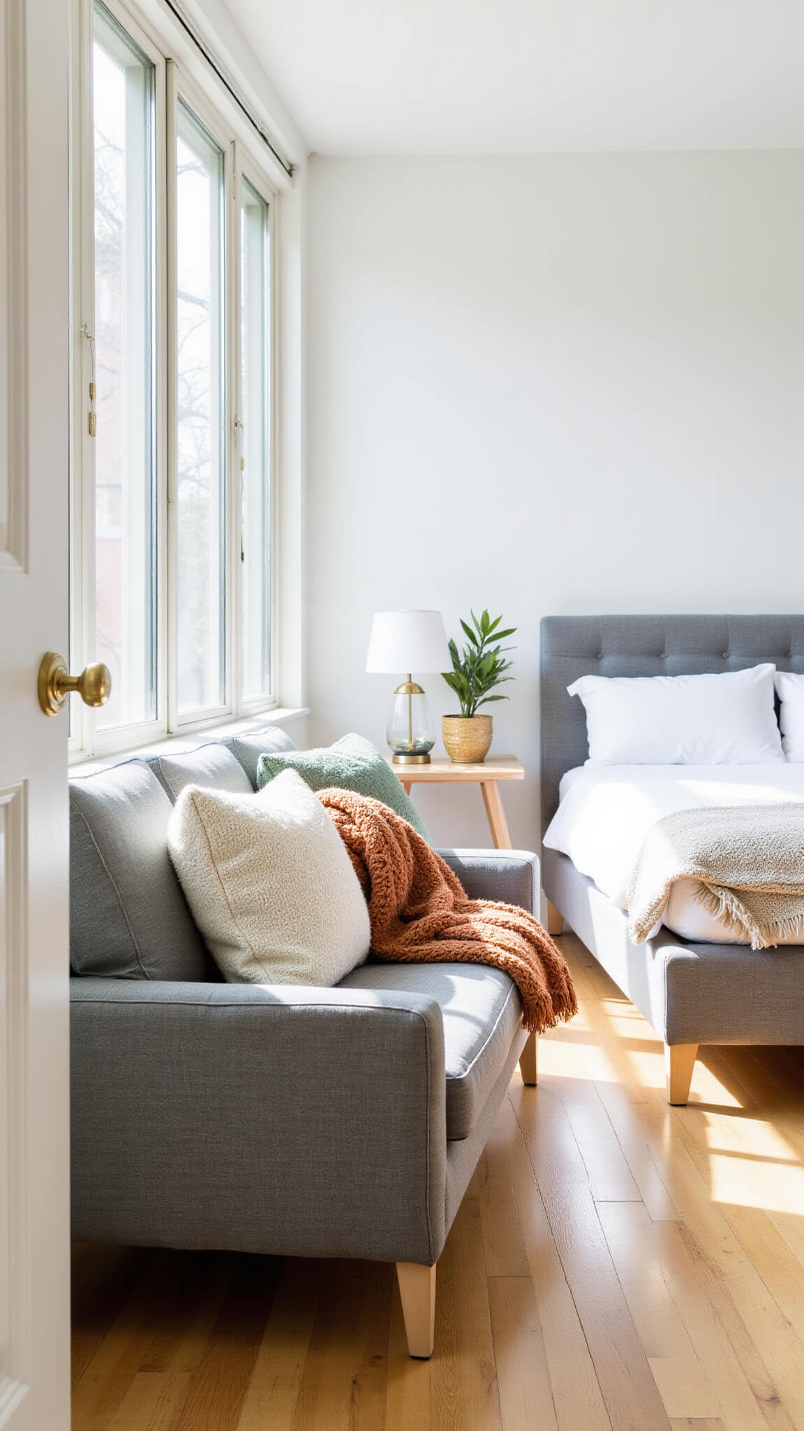 Bright, modern 12x14ft master bedroom with sunlight through floor-to-ceiling windows, gray loveseat near king bed, textured pillows and knit throw, warm white walls, oak floors, and brass accents.