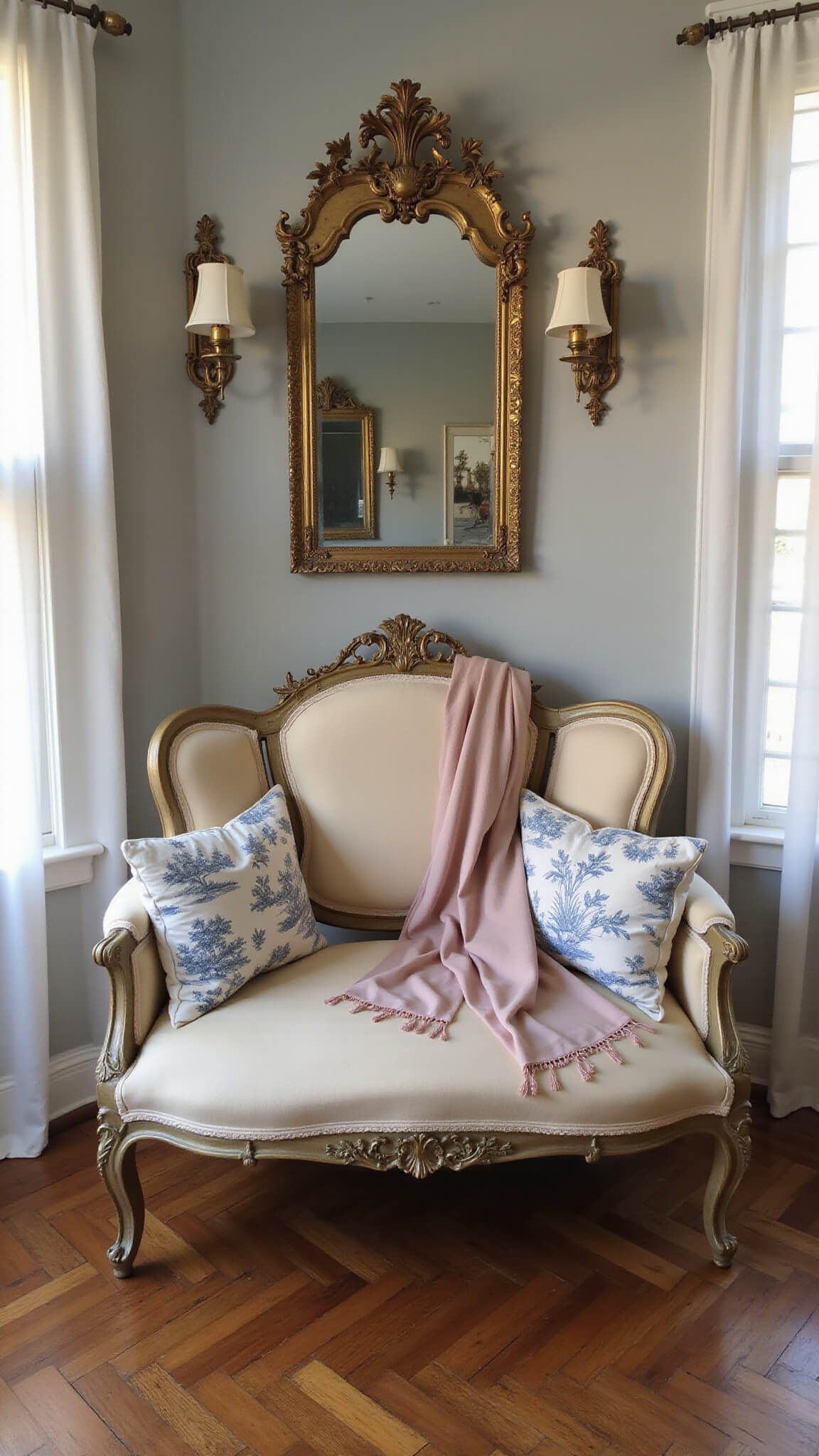 French Provincial bedroom with cream velvet settee under ornate gilt mirror, warm golden hour light, antique brass sconces, toile cushions, and herringbone floors.