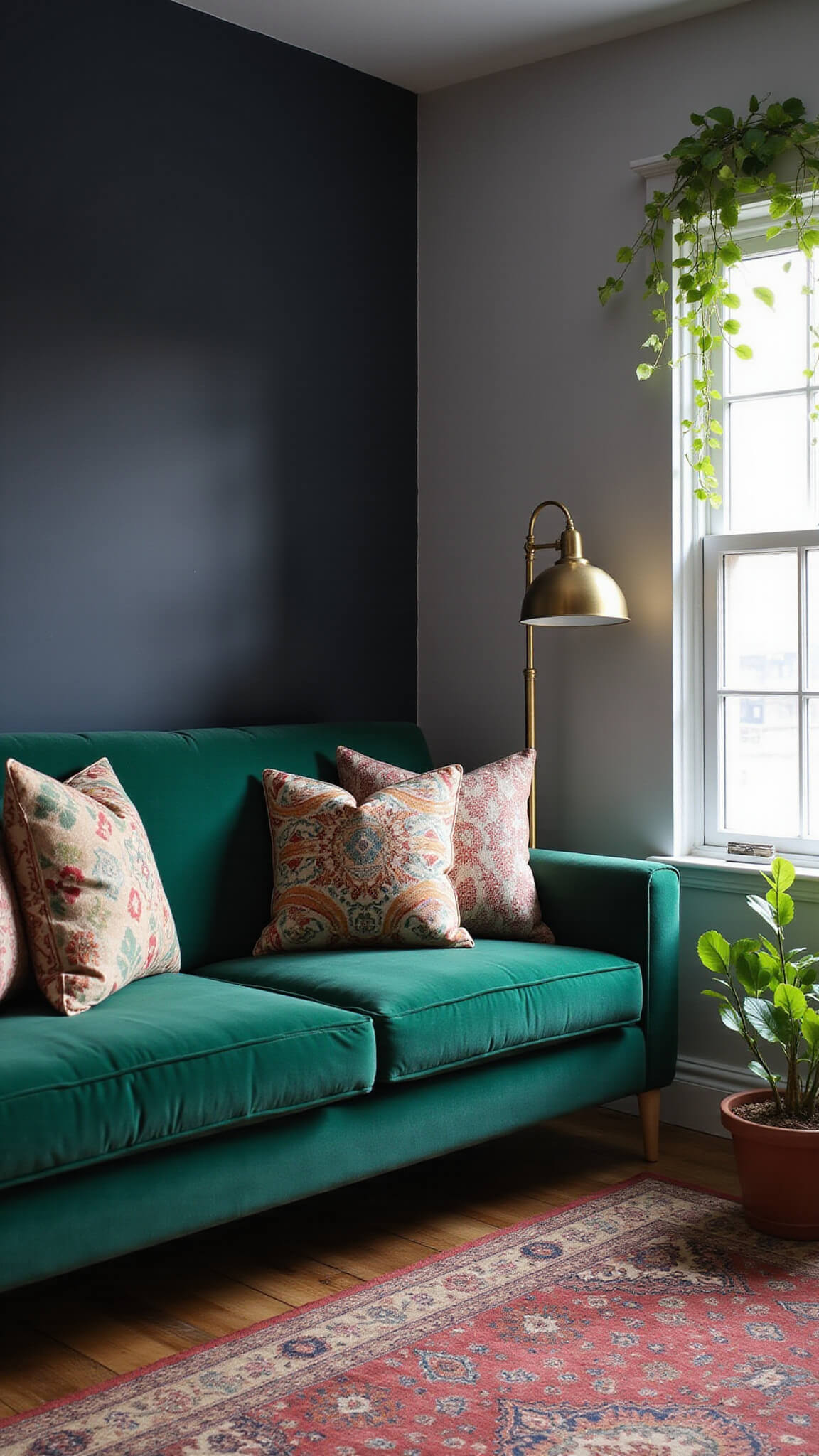 Eclectic bedroom corner with emerald green velvet loveseat, patterned pillows, vintage Persian rug, brass lamp, and pothos plant against a dark charcoal wall in mid-morning light.