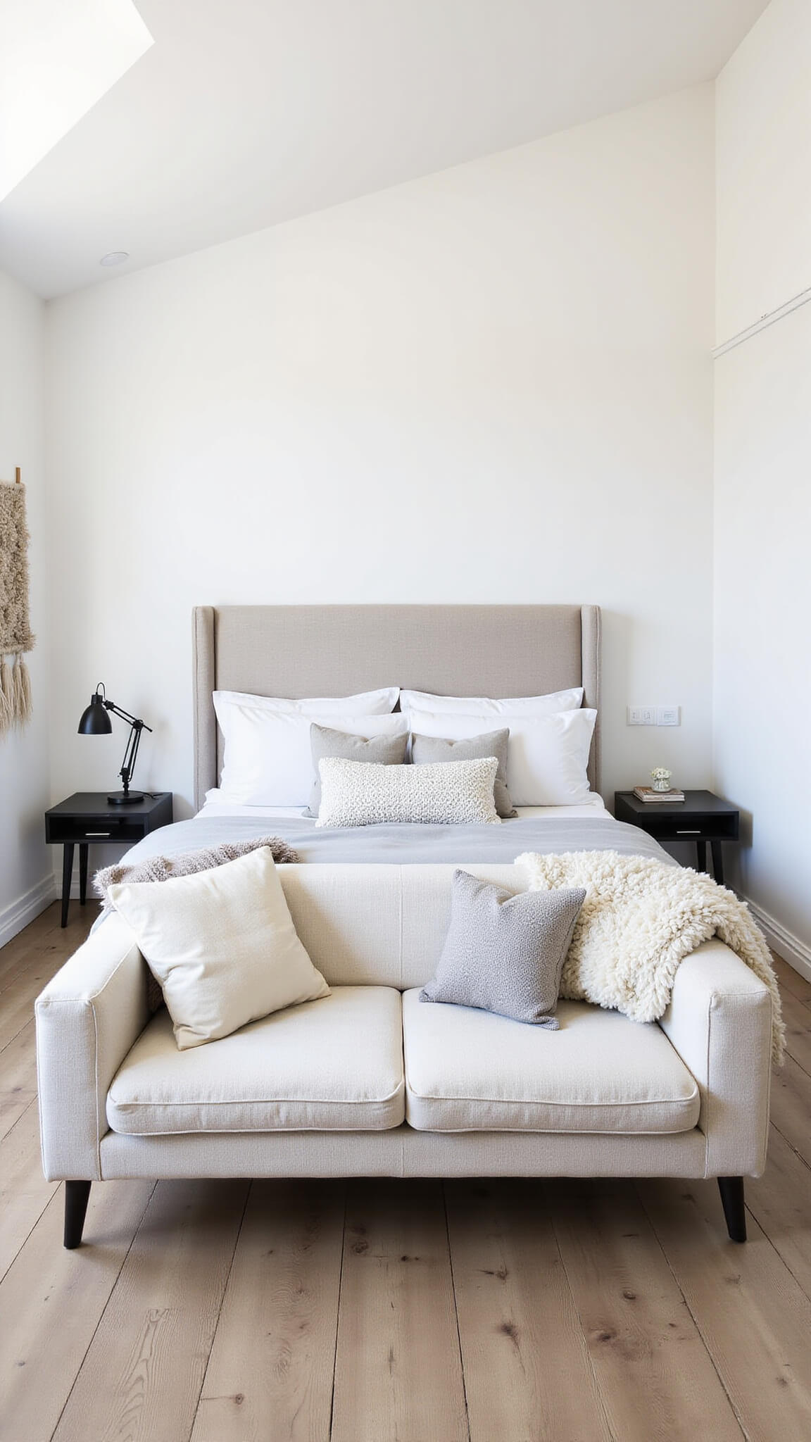 Scandinavian minimalist bedroom with white bouclé loveseat, textured monochromatic decor, and soft noon lighting through a skylight.