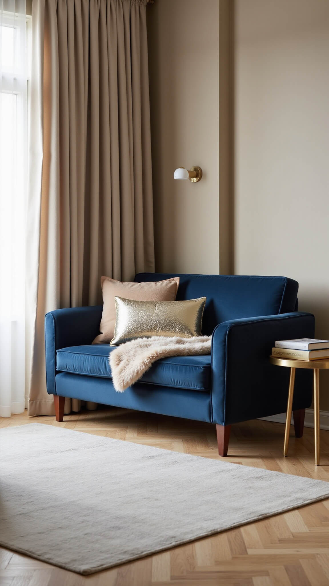 Compact 9x11ft bedroom with navy curved loveseat in corner, brass side table, metallic pillows, and faux fur throw; morning light through sheer drapes on greige walls and oak floor.