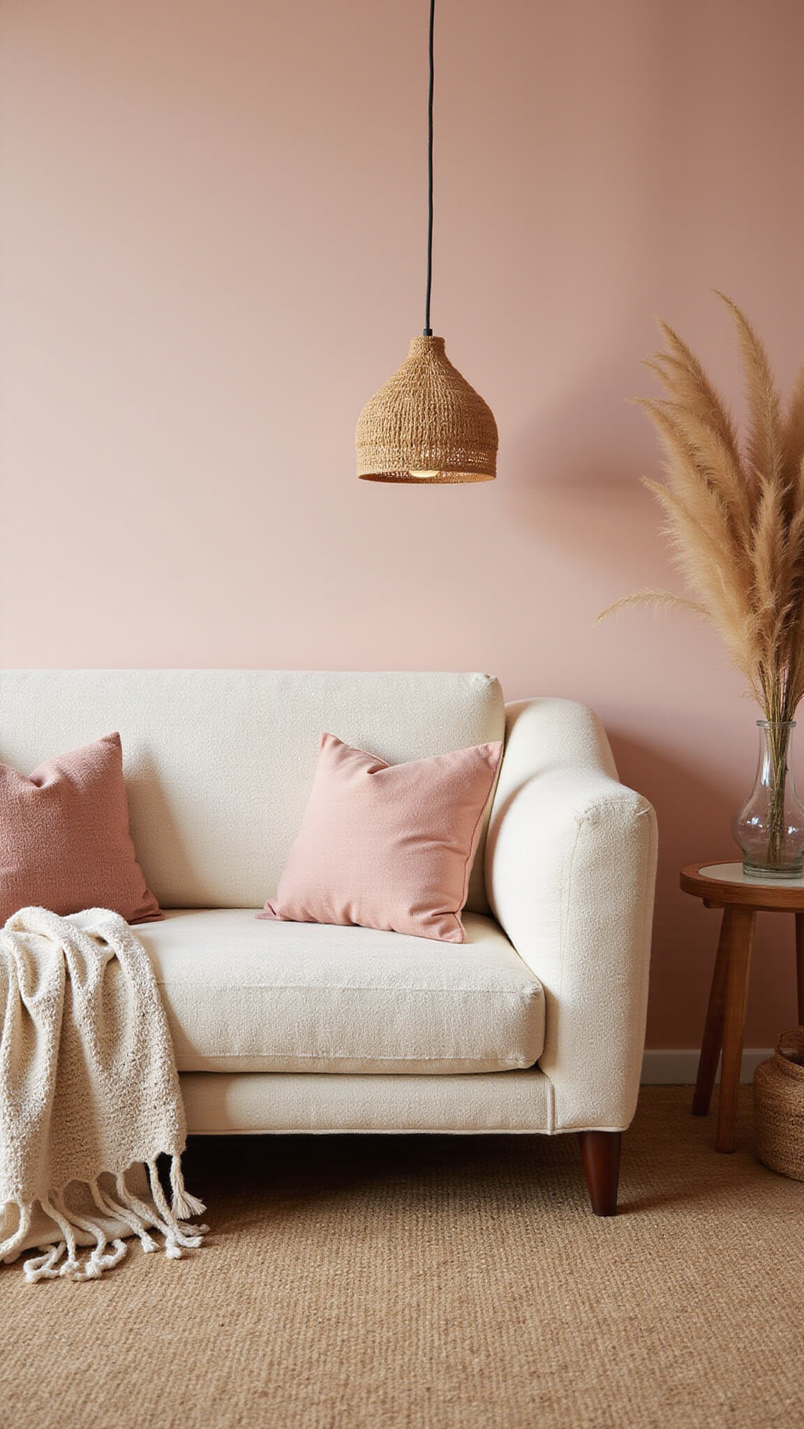 Boho-luxe bedroom with cream boucle chaise, blush pink accent wall, vintage textiles, and warm morning light.