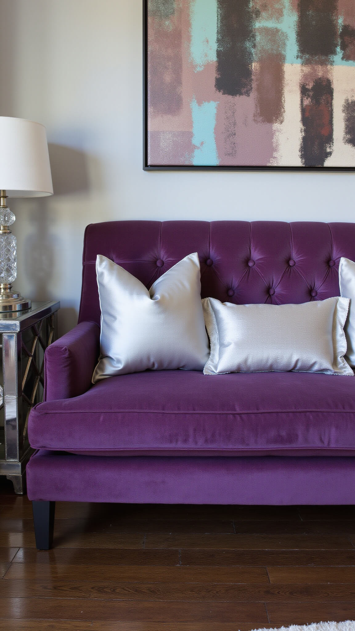 Contemporary glam bedroom corner with amethyst velvet settee, silver and pearl silk pillows, mirrored side table, crystal lamp, abstract art, dark hardwood floors, and light gray walls at blue hour.