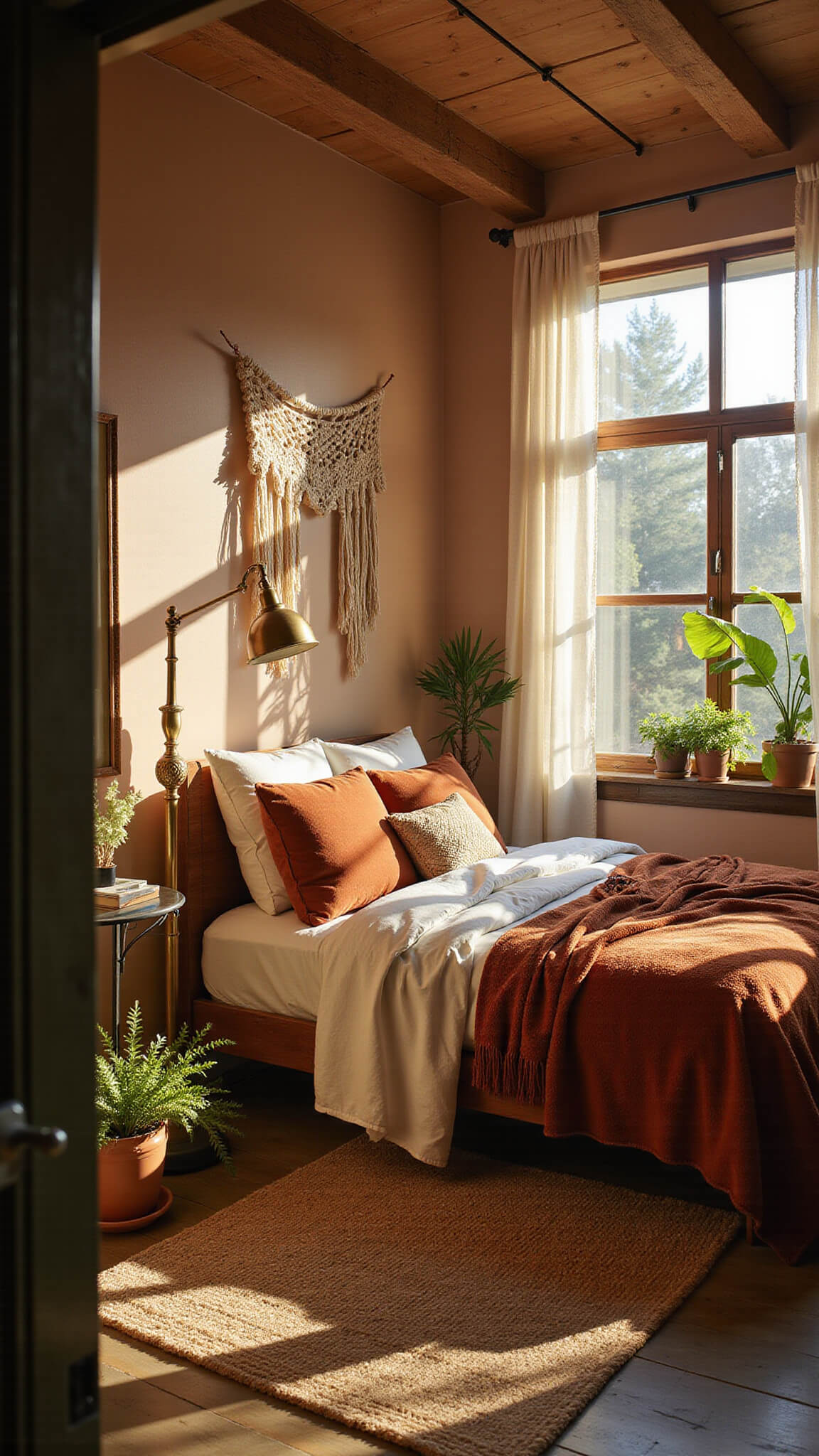 Bohemian bedroom with canopy bed, earthy tones, macramé décor, and golden hour light through floor-to-ceiling windows.