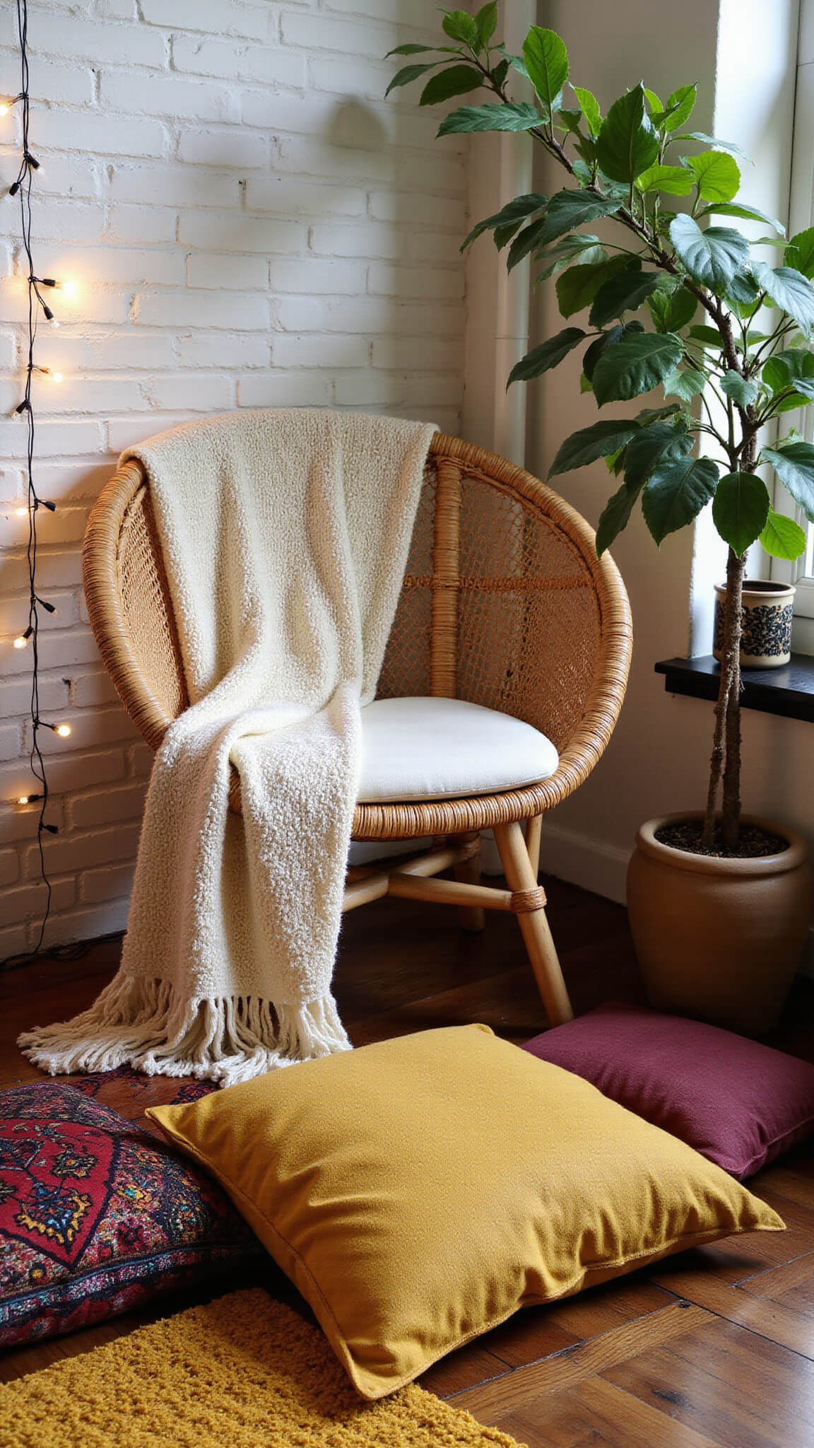 Boho bedroom corner with rattan chair, chunky knit throw, Moroccan cushions, Monstera plant, and ambient string lights at blue hour.