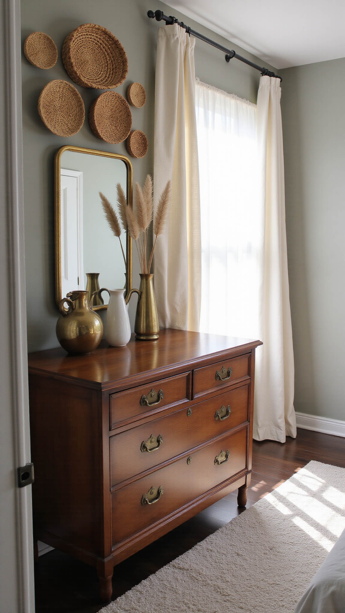 Vintage wooden dresser with brass mirrors, ceramic vessels, and dried pampas grass in morning light, beneath woven wall baskets.