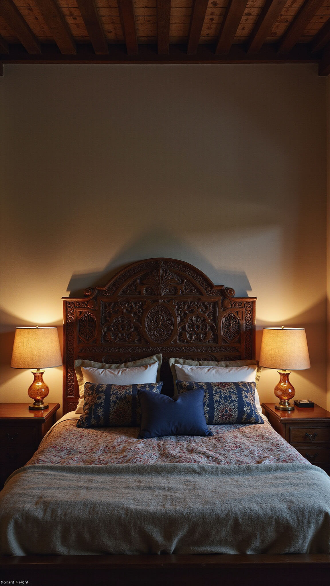 Twilight bedroom with carved wooden bed, indigo bedding, Moroccan blanket, and moody lighting.