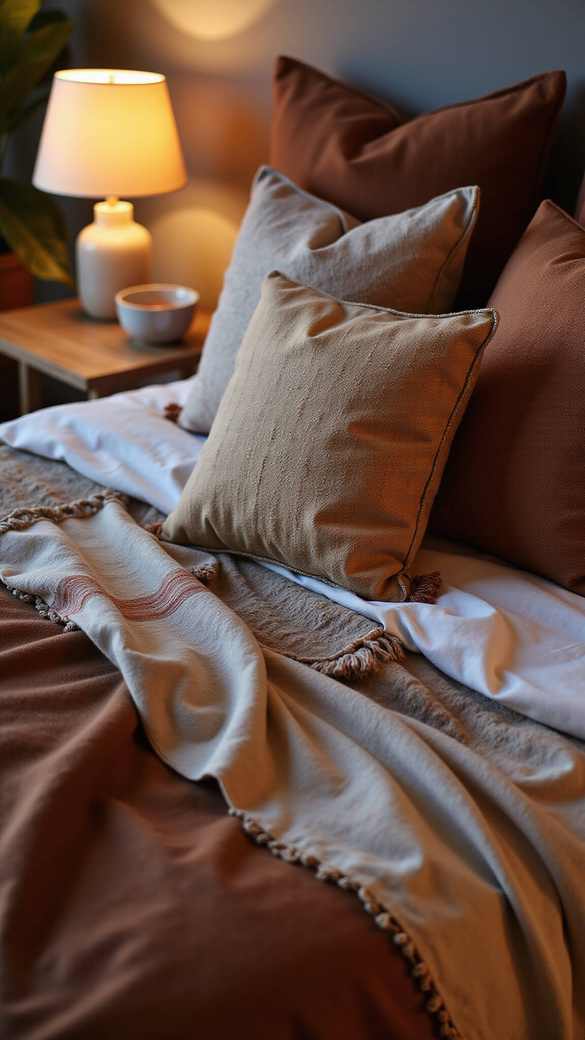 Bohemian bedding detail with layered earth-tone textiles, block-printed pillows, tasseled edges, and warm ambient lamp light at dusk.
