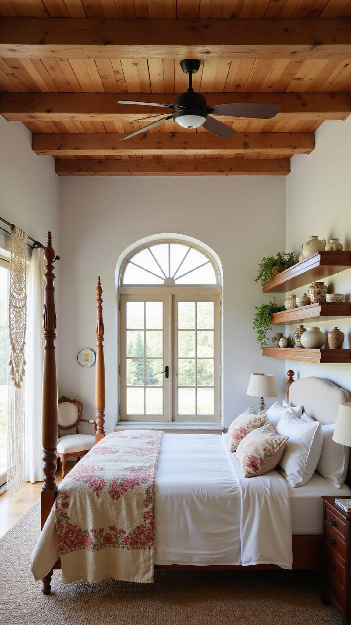 Boho master bedroom with exposed wooden beams, four-poster bed, vintage quilt, floating shelves with pottery, and arched window with macramé curtain in morning light.
