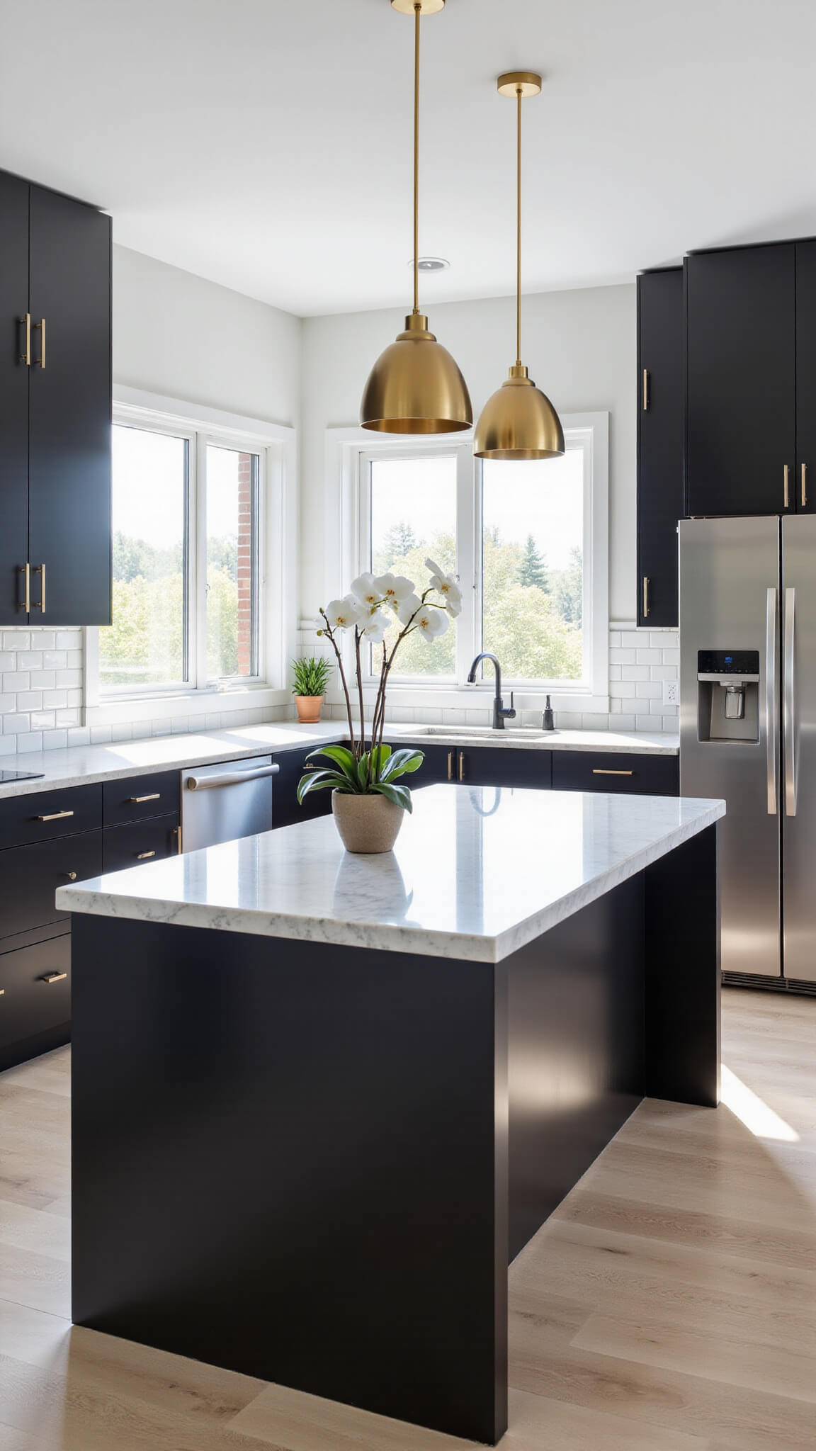Sunlit minimalist kitchen with black cabinets, brass lighting, and marble island centerpiece featuring a white orchid.