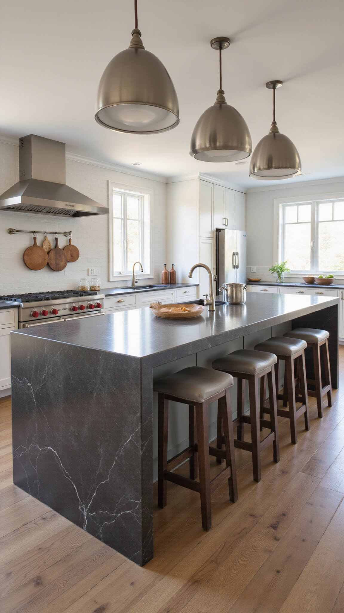Chef's kitchen at golden hour with charcoal quartzite island, brushed nickel pendant lights, white floor-to-ceiling cabinets, copper cookware, and warm natural backlighting.