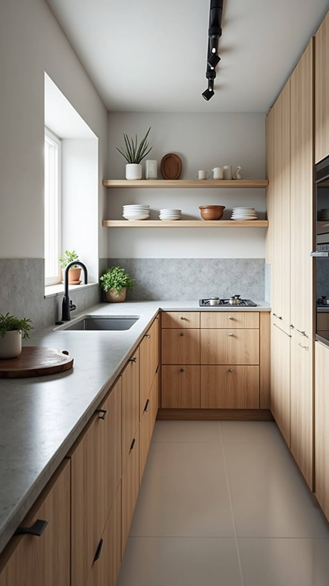 Scandinavian-style 10x12ft kitchen with white oak shelves, pale grey walls, concrete countertops, and geometric tile feature wall, bathed in soft northern light.