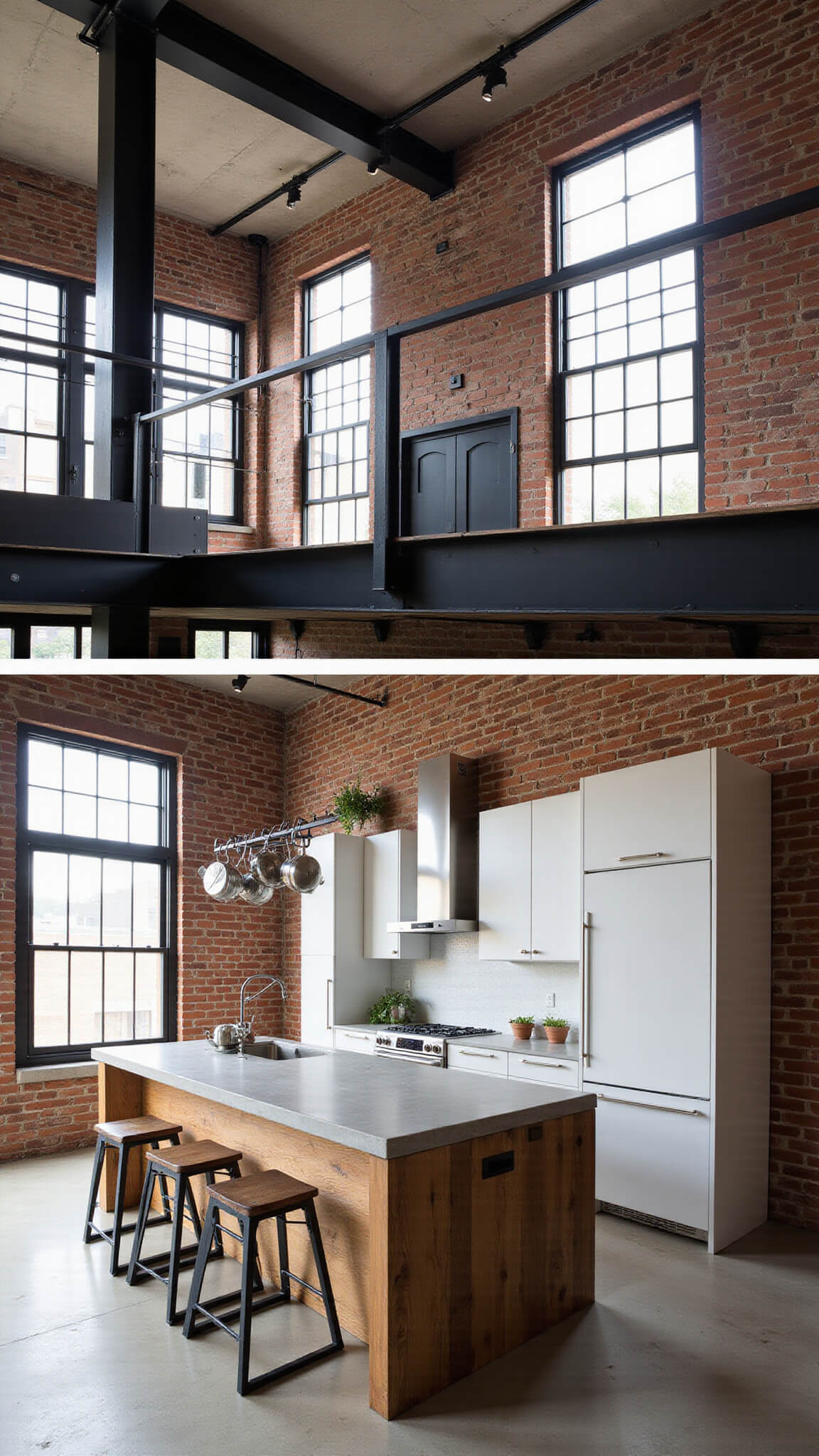 Industrial loft kitchen with exposed brick, steel beams, and modern white cabinetry viewed from mezzanine; features concrete and reclaimed wood island, large black-framed windows, and vintage-industrial accents.