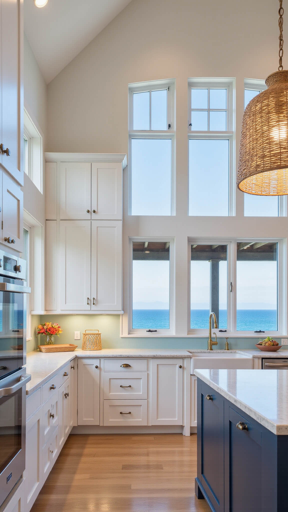 Coastal modern kitchen at blue hour with vaulted ceilings, ocean views through floor-to-ceiling windows, white shaker cabinets, marble counters, pale blue glass backsplash, and rattan pendant lights.