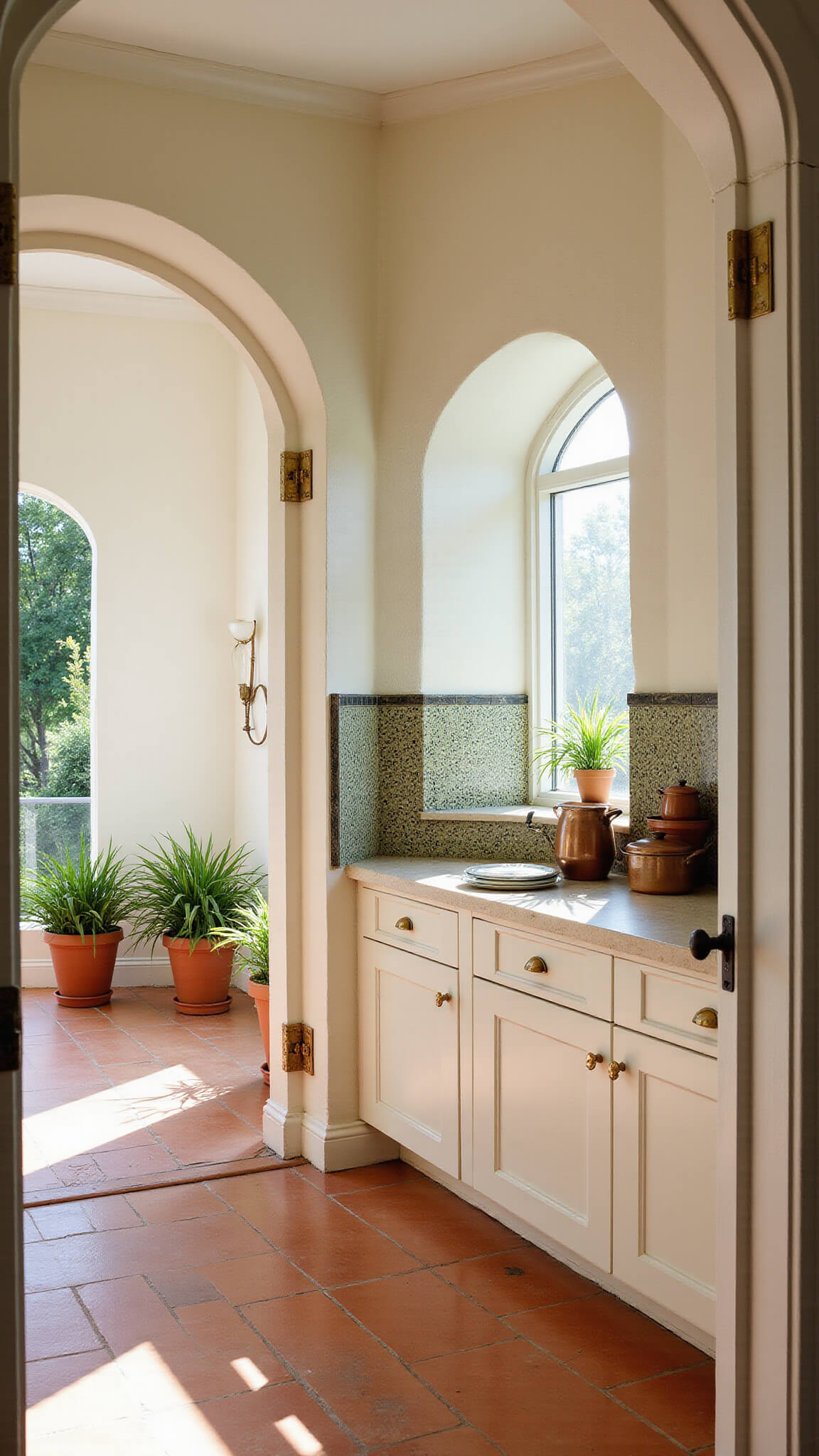 Sunlit Mediterranean-style kitchen with cream cabinets, terra cotta floors, arched doorway, and copper accents.