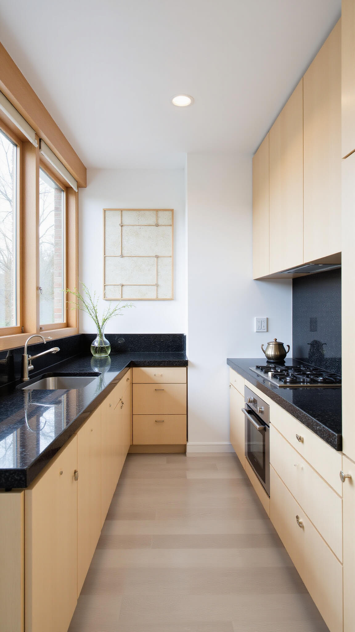 Minimalist Japanese kitchen with maple cabinets, black granite counters, shoji screen doors, and a single ikebana, bathed in soft morning light through east-facing windows.