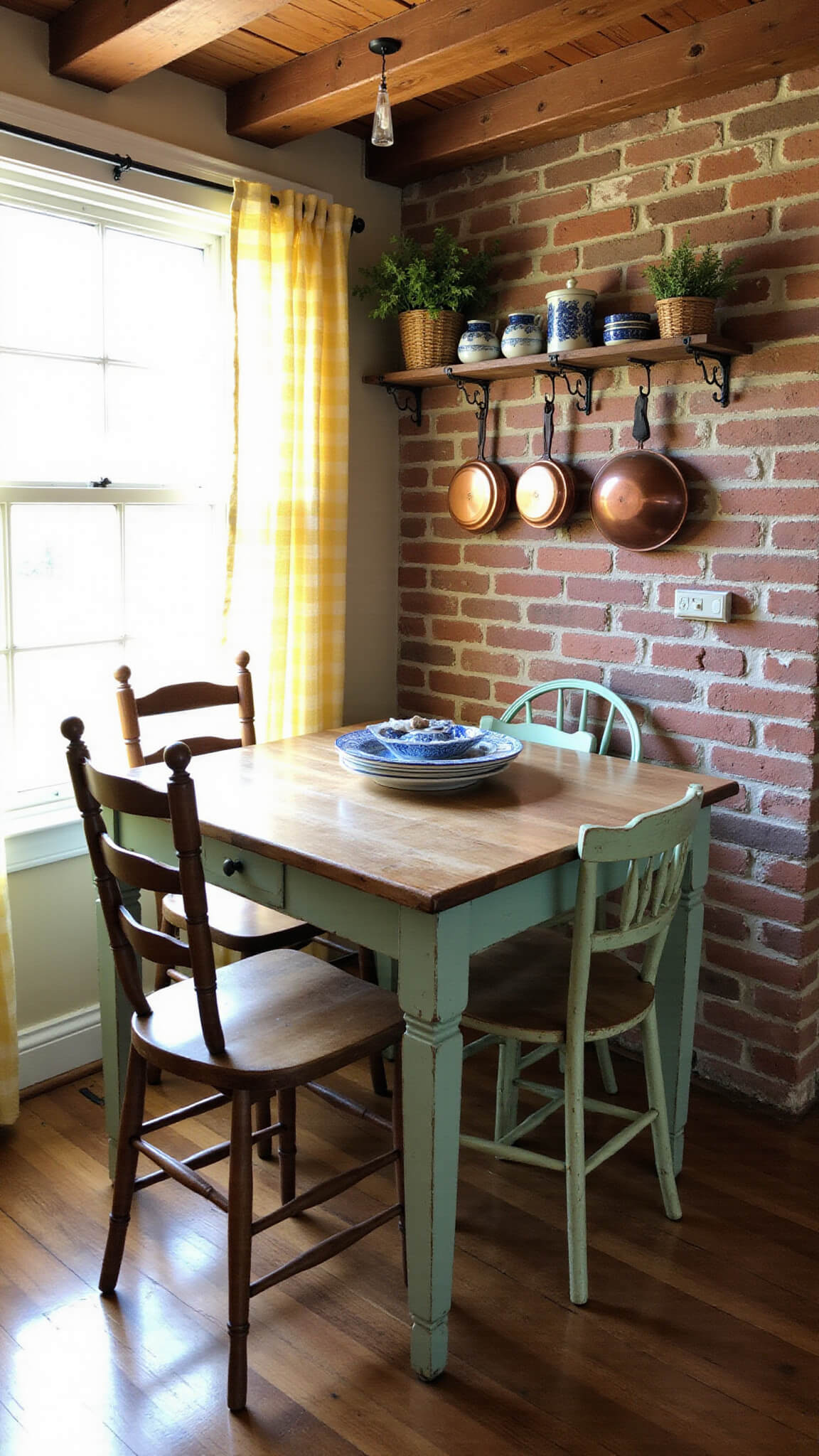 Cozy vintage kitchen nook with mint green farmhouse table, mismatched chairs, exposed brick wall, yellow gingham curtains, and morning light.