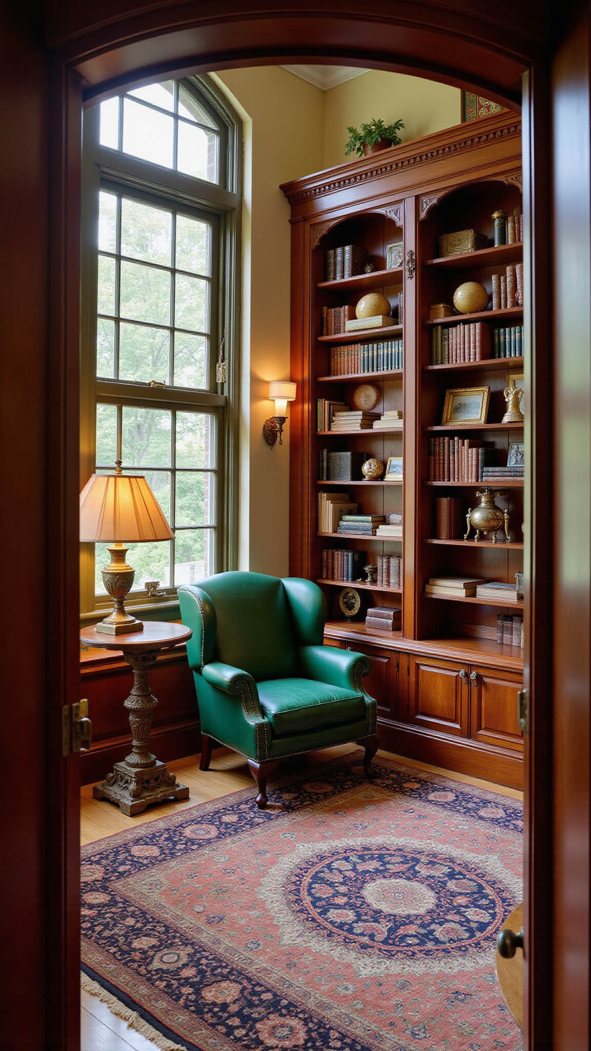 Antique-filled home office with mahogany bookshelves, emerald leather wing chair, brass lamp, and vintage decor in warm afternoon light.