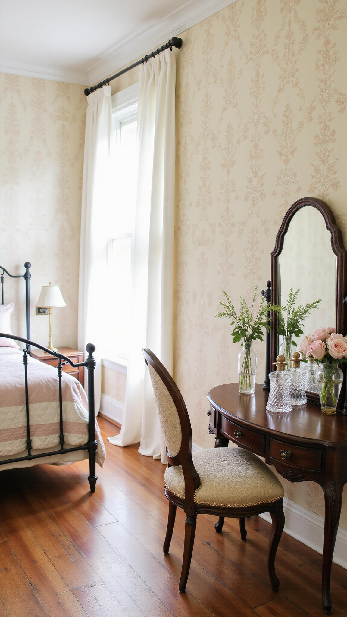 Romantic vintage bedroom with iron bed, pale rose wallpaper, sheer curtains, and vintage vanity in soft morning light.