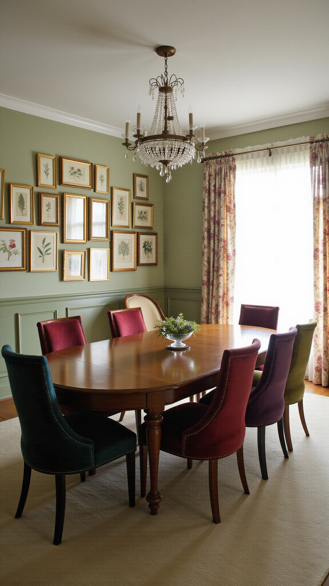Eclectic formal dining room with sage green wainscoting, jewel-toned velvet chairs around a dark walnut oval table, vintage chandelier, and botanical art in gilt frames.