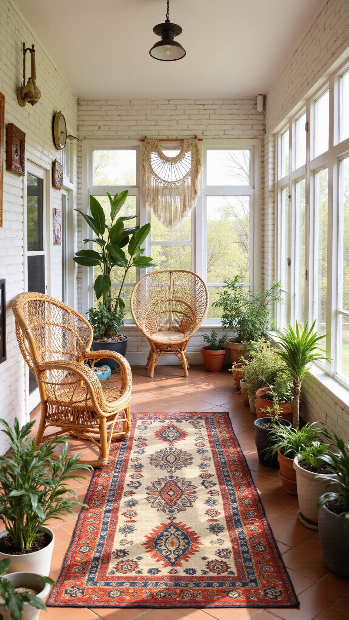 Bohemian sunroom with rattan peacock chair, layered vintage rugs on terra cotta tiles, potted plants, and macramé decor in golden afternoon light.