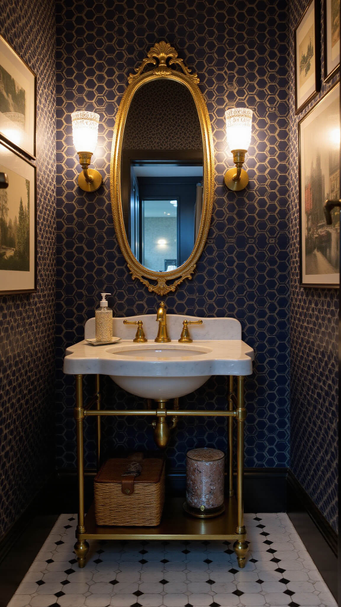 Art Deco powder room with navy and gold geometric wallpaper, vintage brass vanity, marble top, oval mirror, crystal sconces, hexagonal black-and-white floor tiles, and metallic-framed prints.