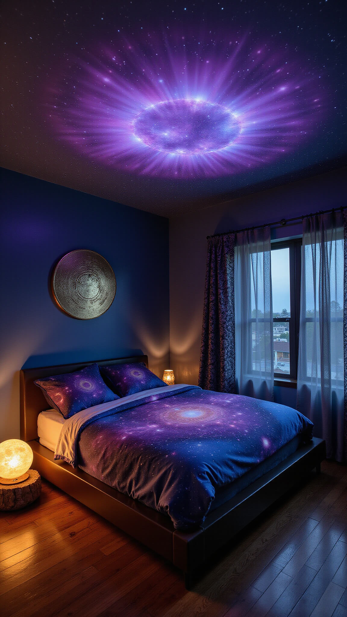 Twilight bedroom with galaxy-themed decor, featuring a queen bed with celestial bedding, nebula-painted walls, star projector lights, selenite moon lamp, and gold celestial wall art.