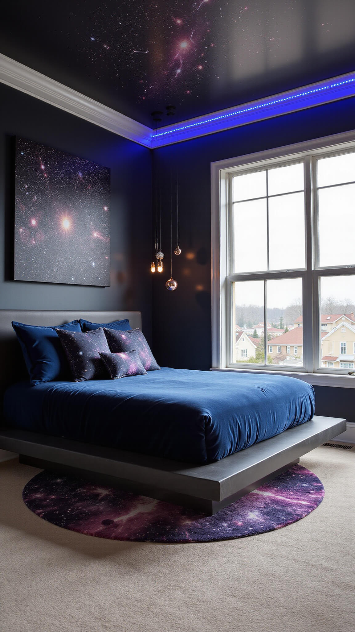 Master bedroom with cosmic-themed decor featuring gradient black-to-purple walls, constellation string art, a velvet platform bed with nebula pillows, rose gold orbs, ethereal blue LED lighting, and a galaxy-pattern rug on cream carpet.