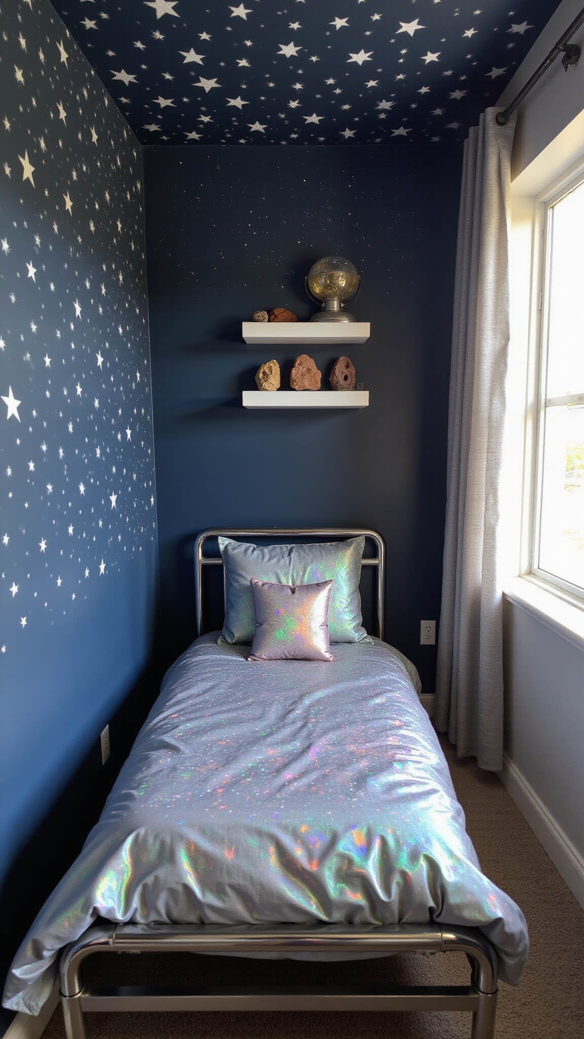 Intimate 10x12ft teen bedroom with navy accent wall featuring silver stars, chrome twin bed with space-themed bedding, LED canopy lights, floating shelves with meteorites, silver curtains, star projector effects, and modern white furniture.