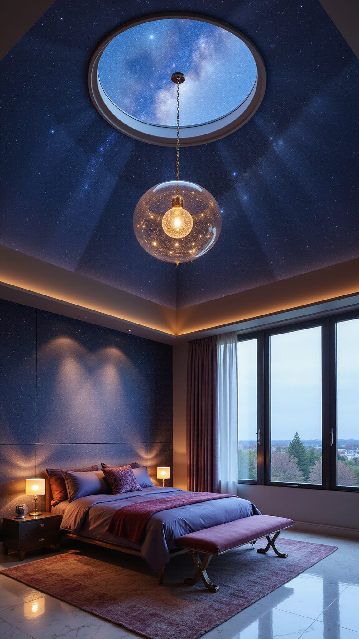 Wide-angle view of luxury celestial bedroom with night-sky ceiling, king bed under skylight, chrome orb chandelier, cosmic curtains, and marble floors.