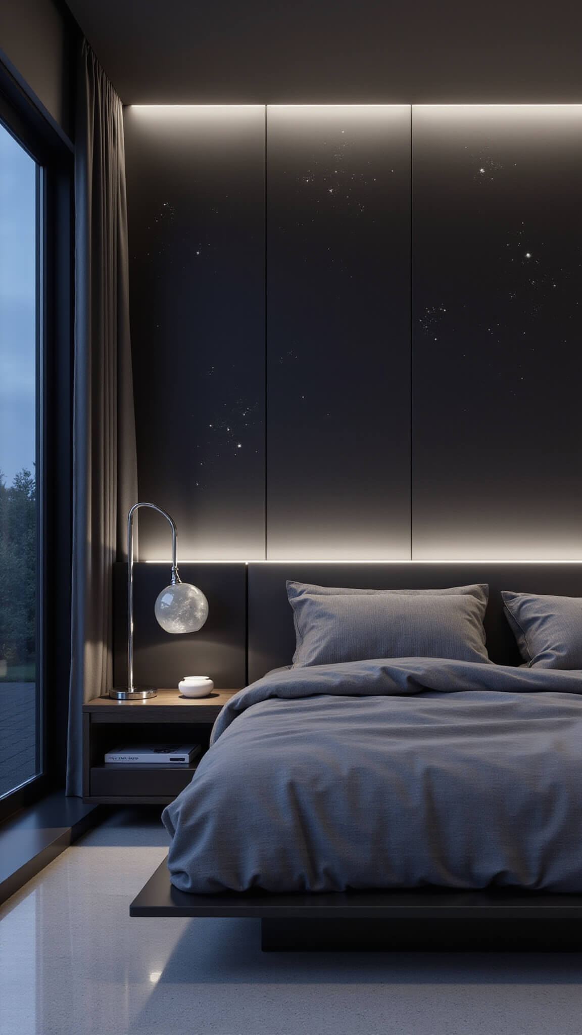 Minimalist cosmic-themed bedroom with matte black accent wall, celestial decals, low platform bed in charcoal linens, chrome moon-shaped floor lamp, and floating silver nightstands, lit by cool white LED strips.