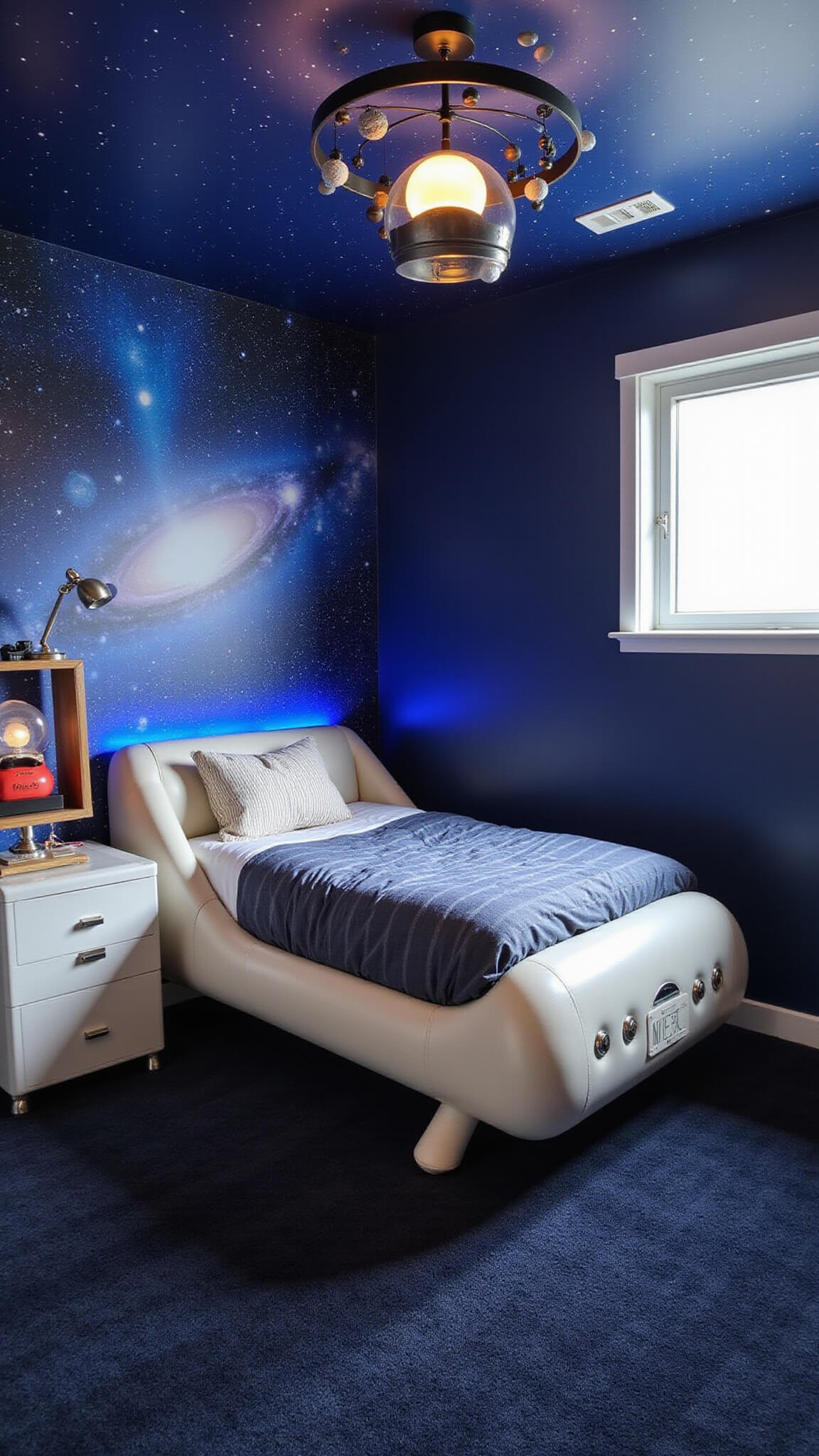 Child's galaxy-themed bedroom with space capsule bed, astronaut helmet nightlight, planetary mobile, and starfield-style carpet.