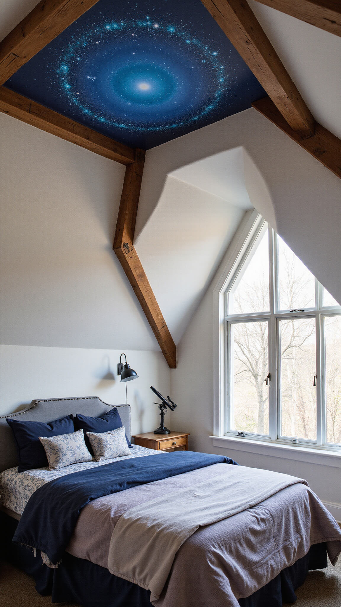 Cozy attic bedroom with angular ceiling, midnight blue exposed beams, glowing constellation map, queen bed with celestial-print bedding, vintage telescope by dormer window, and crystal prisms casting rainbow starbursts.